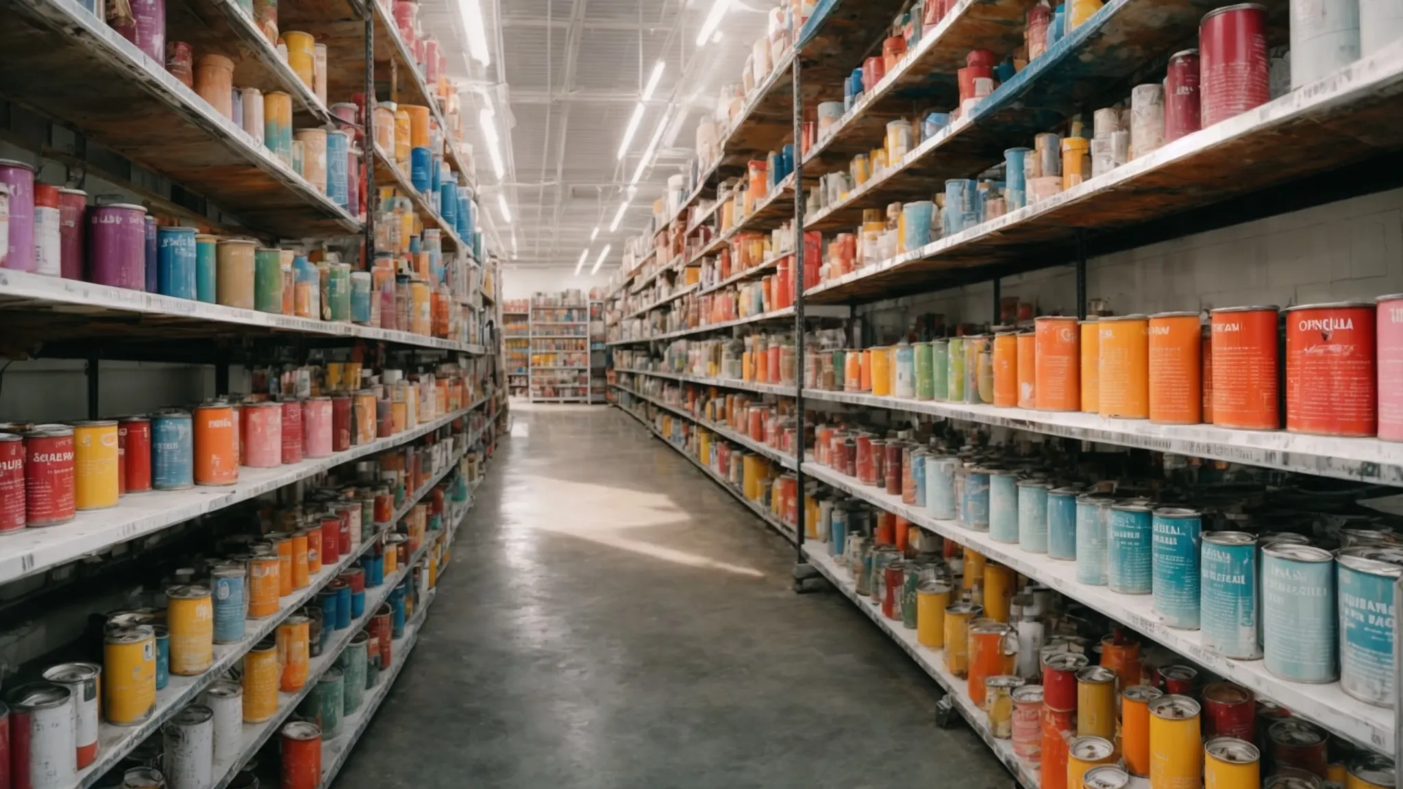 a sprawling paint shop in orlando, bathed in sunlight, displays an array of vibrant paint cans artistically lined up on shelves, inviting creative exploration.