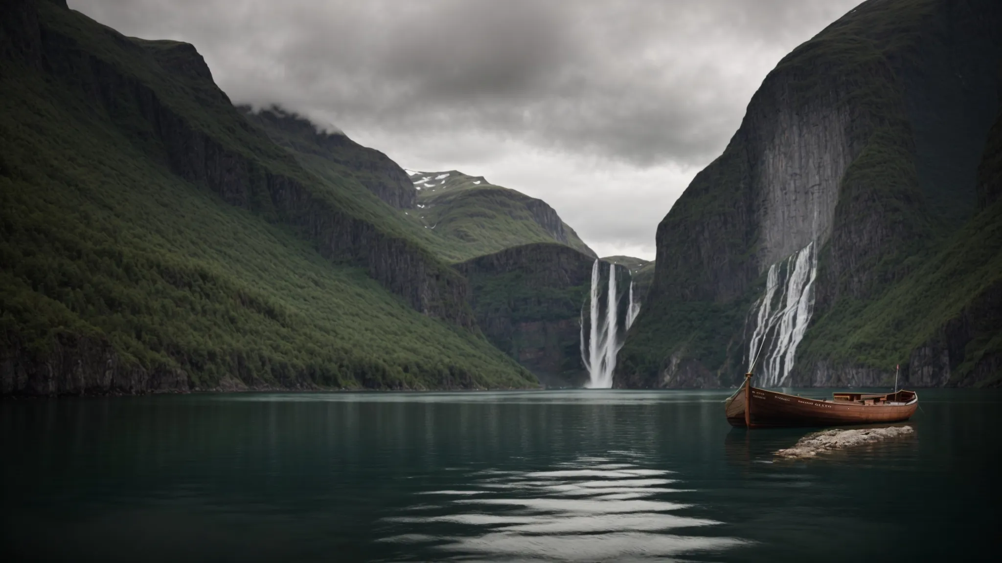 a solitary wooden boat floats on the serene waters of a norwegian fjord, surrounded by towering cliffs and a distant waterfall.