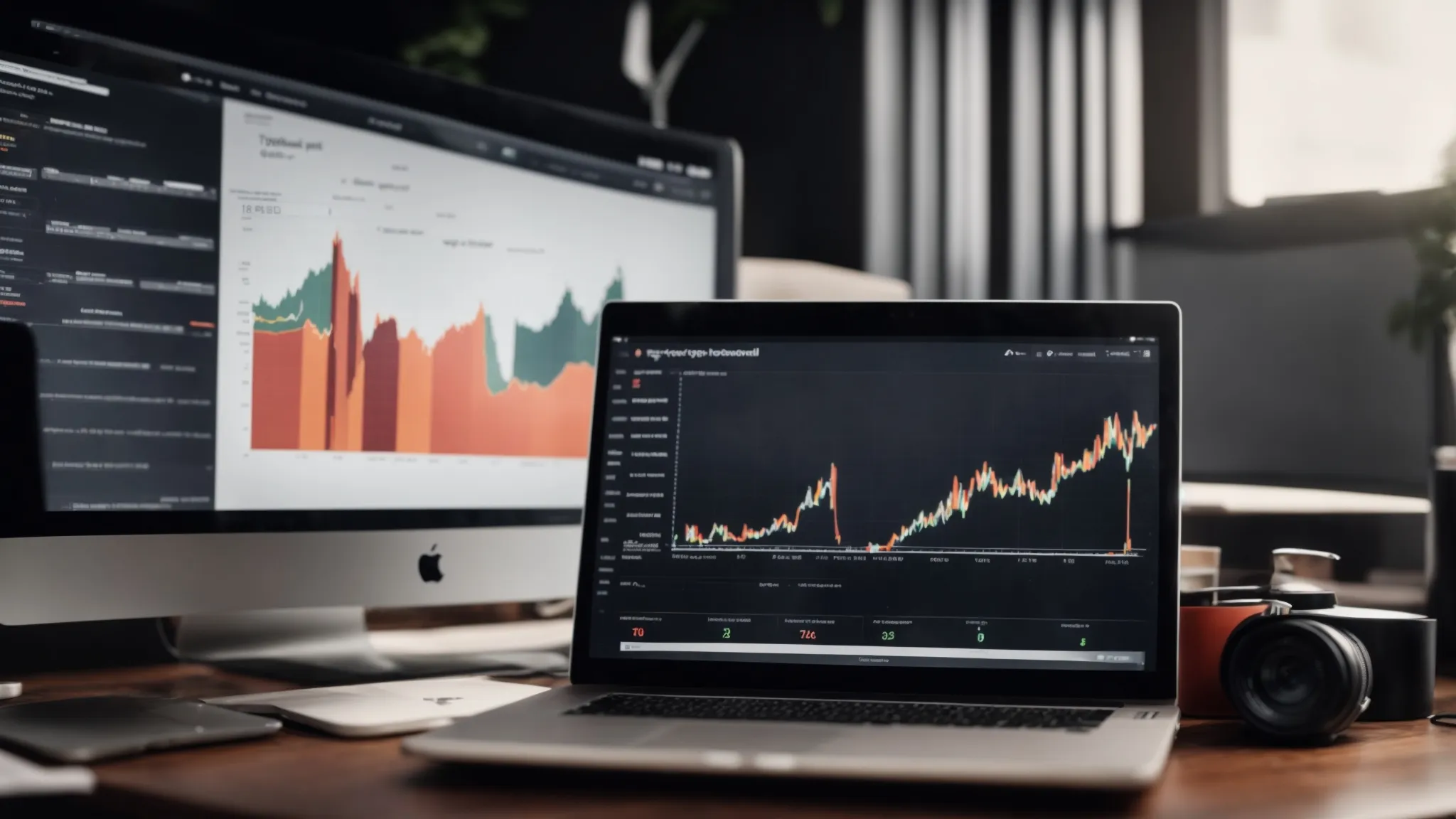 a laptop displaying graphs lies on a desk, symbolizing advanced seo tools at work in an efficient and organized office setting.