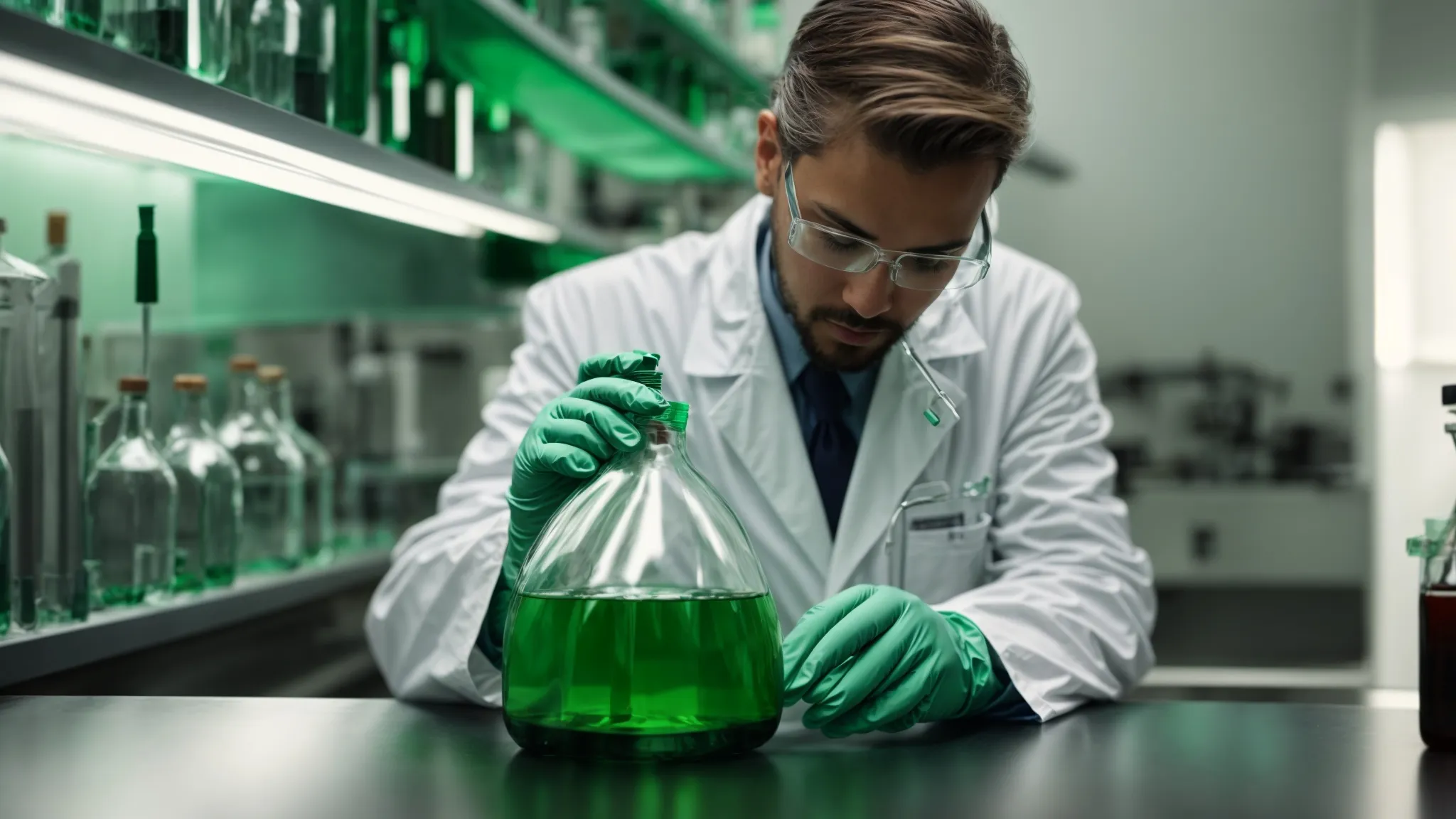 a scientist in a lab coat examines a clear bottle of green liquid next to a plant, symbolizing eco-friendly cleaning research.