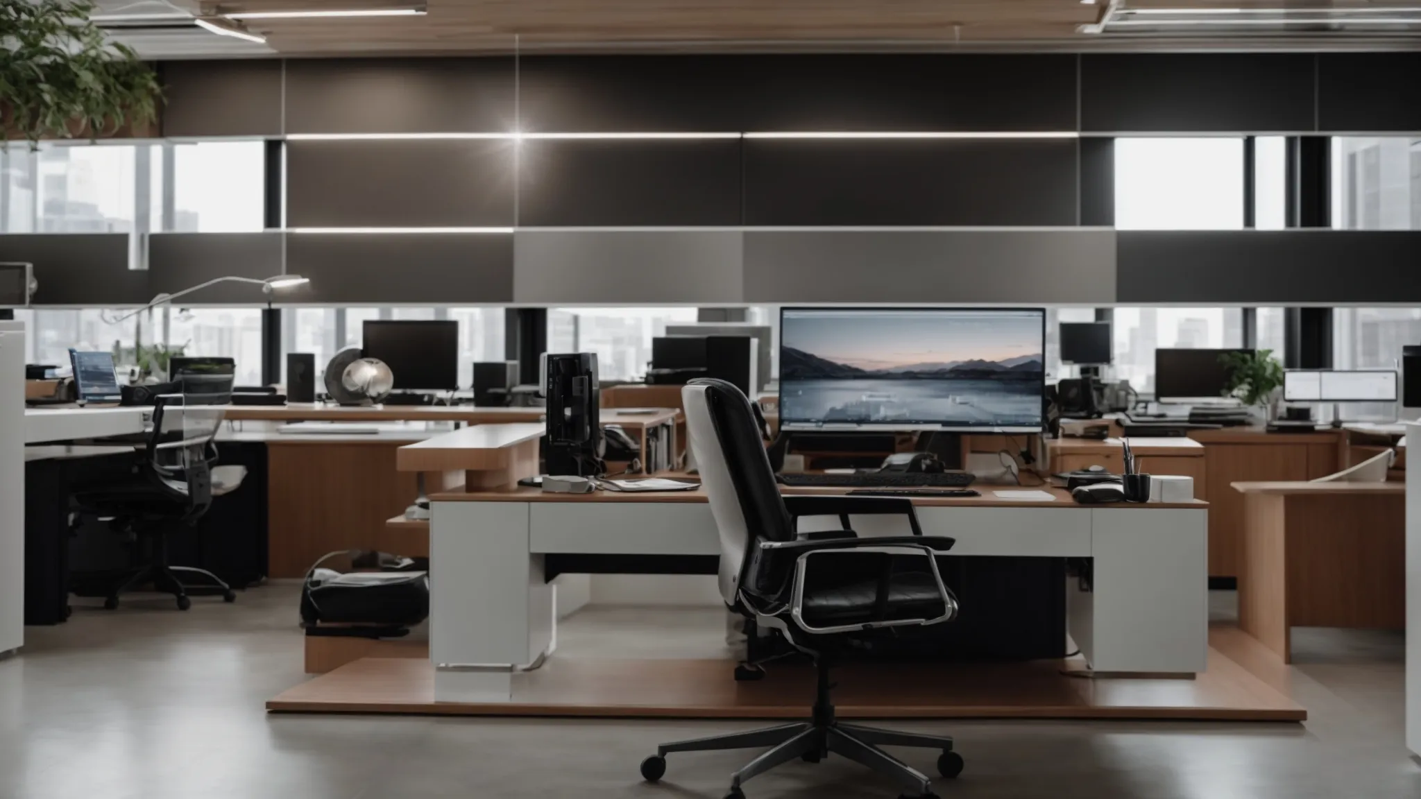 a streamlined office featuring an adjustable seat, desk at elbow height, and computer monitor aligned with the user's eye level.