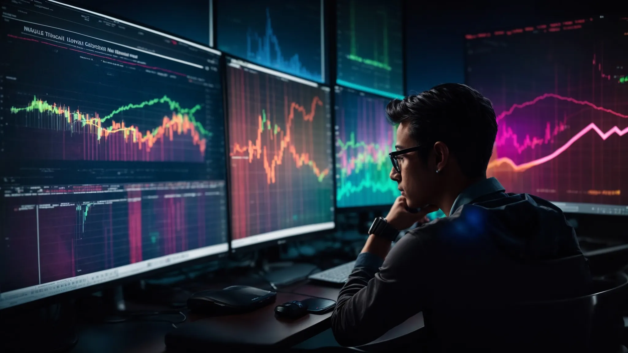 a person sitting in front of a large monitor displaying colorful analytics graphs, thoughtfully examining the screen.