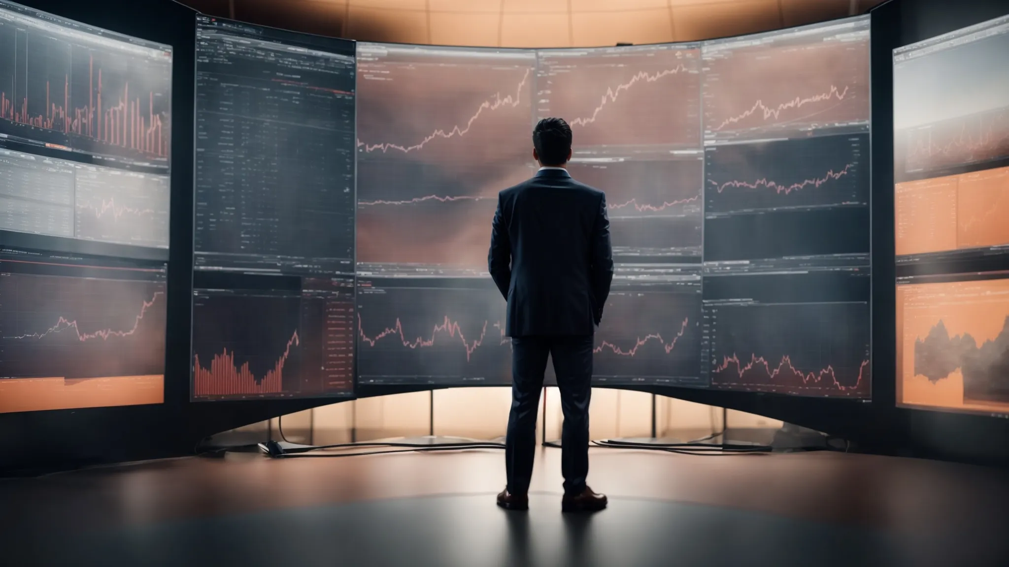 a marketer stands before a large monitor displaying a rise in website traffic and link analysis charts.