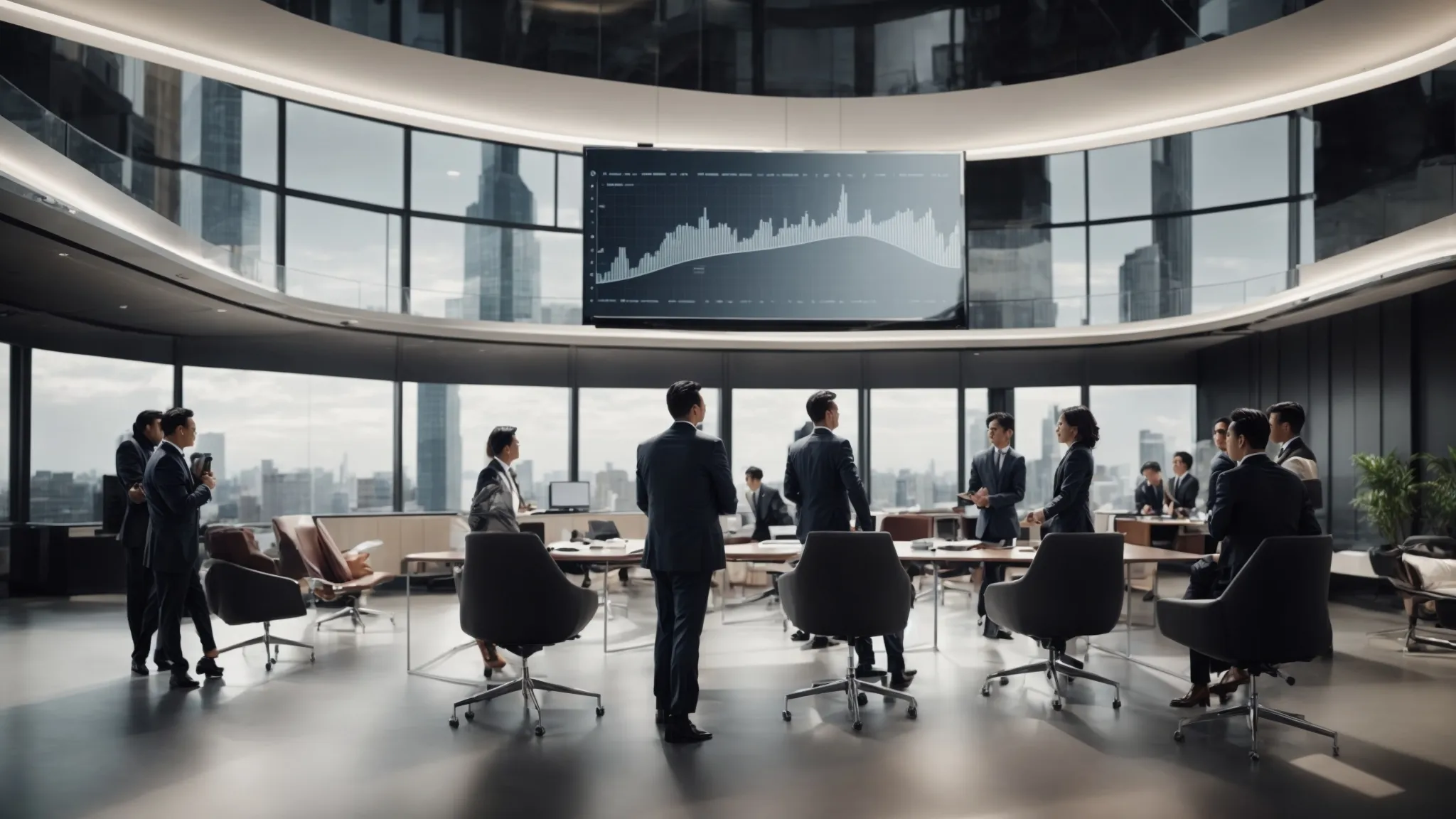 a sleek office environment where a group of professionals collaborates around a large digital screen displaying a rising graph, symbolizing business growth and digital strategy optimization.