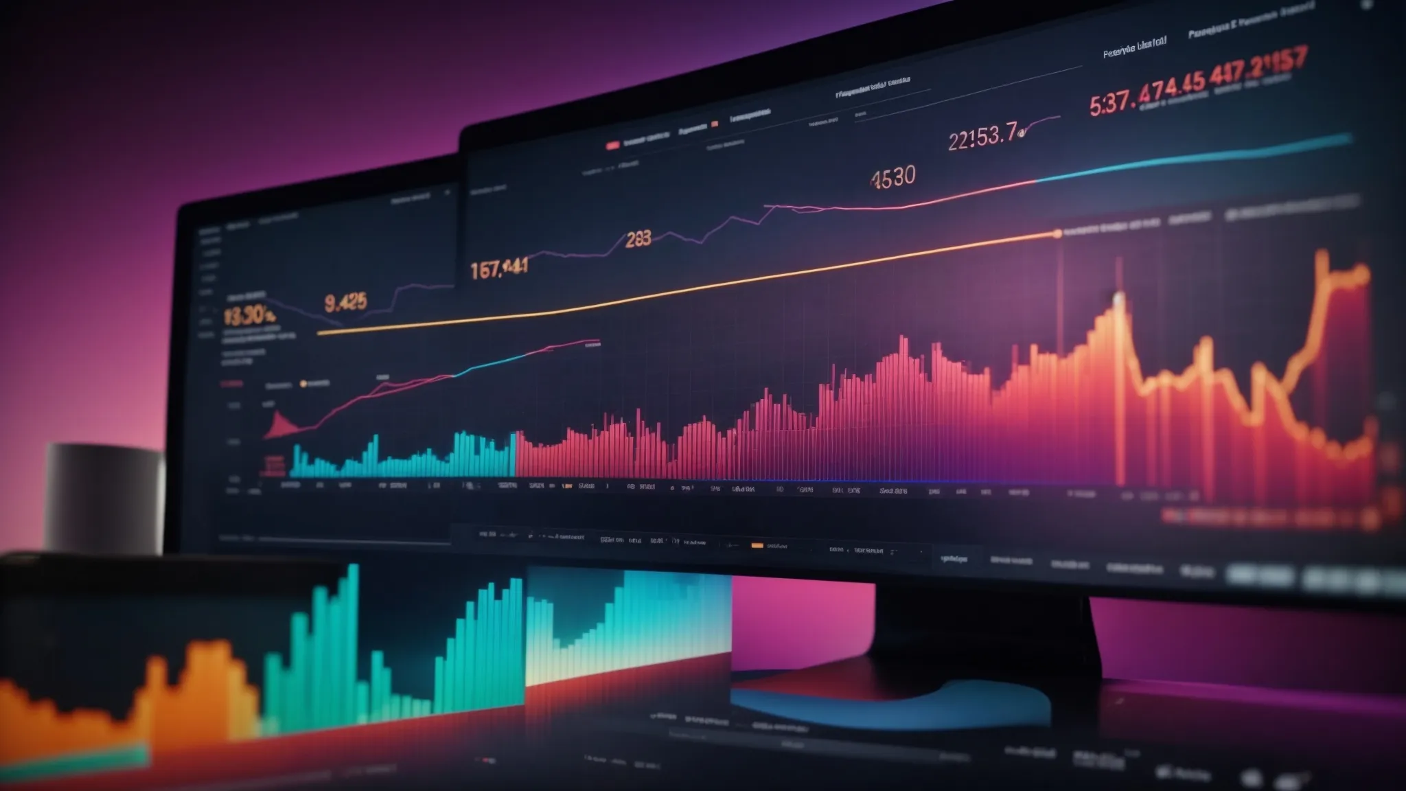 a computer screen displaying colorful graphs and charts that represent the growth in ad performance metrics.