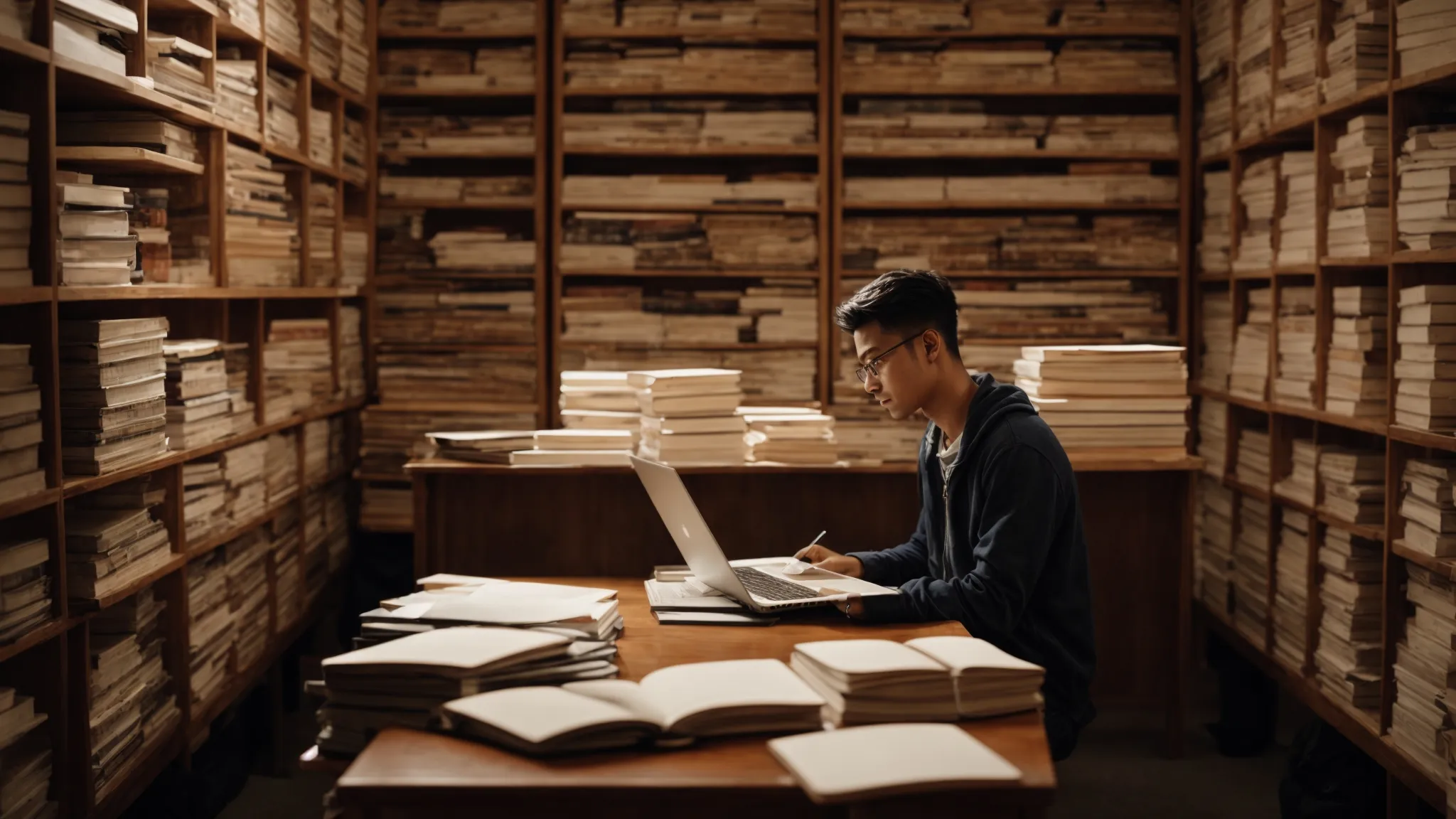 a student sits alone at a large wooden table, surrounded by stacks of books, intensely focusing on a laptop screen with a calculator and notepad nearby.