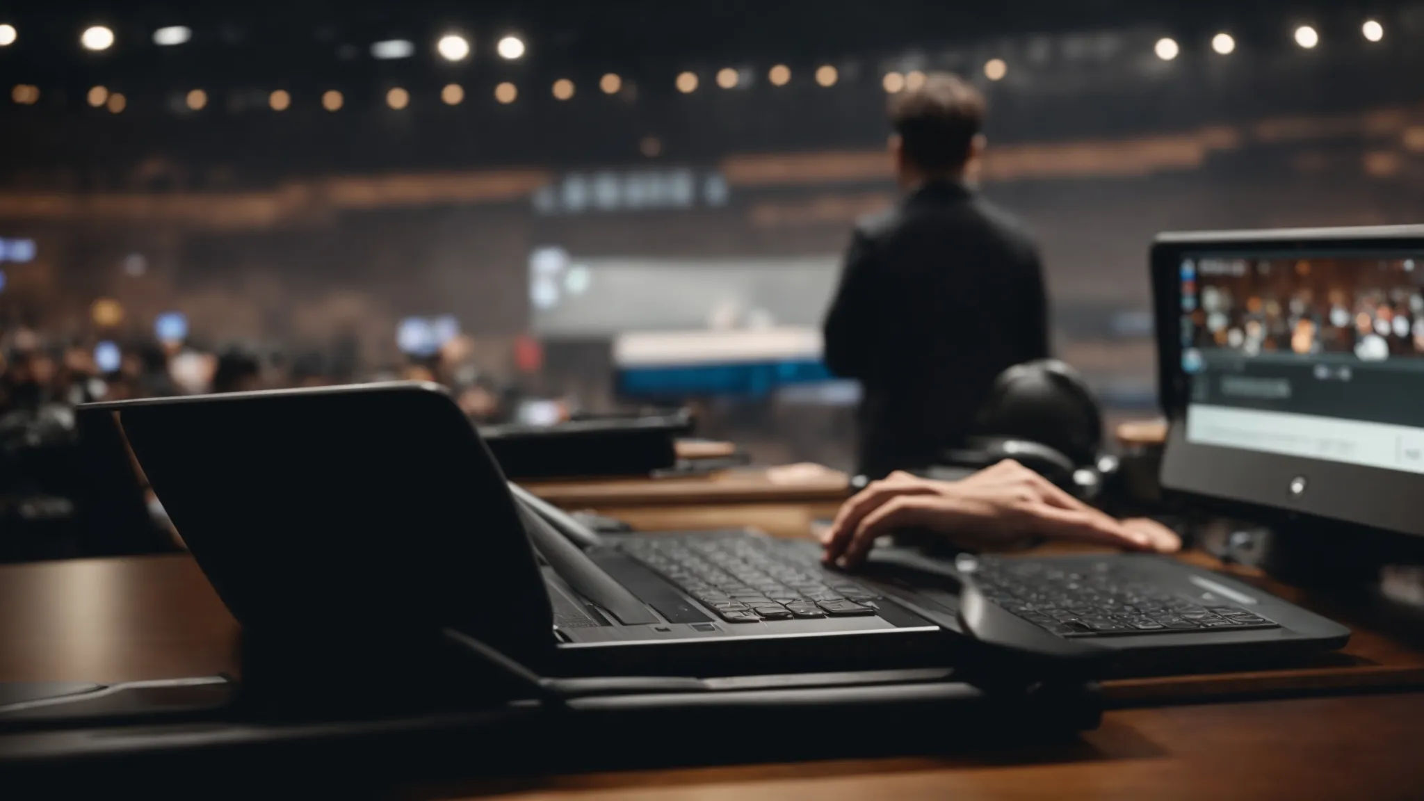 a person observing a speaker on a stage while typing on a laptop, with a visible speech-to-text application running in the background.