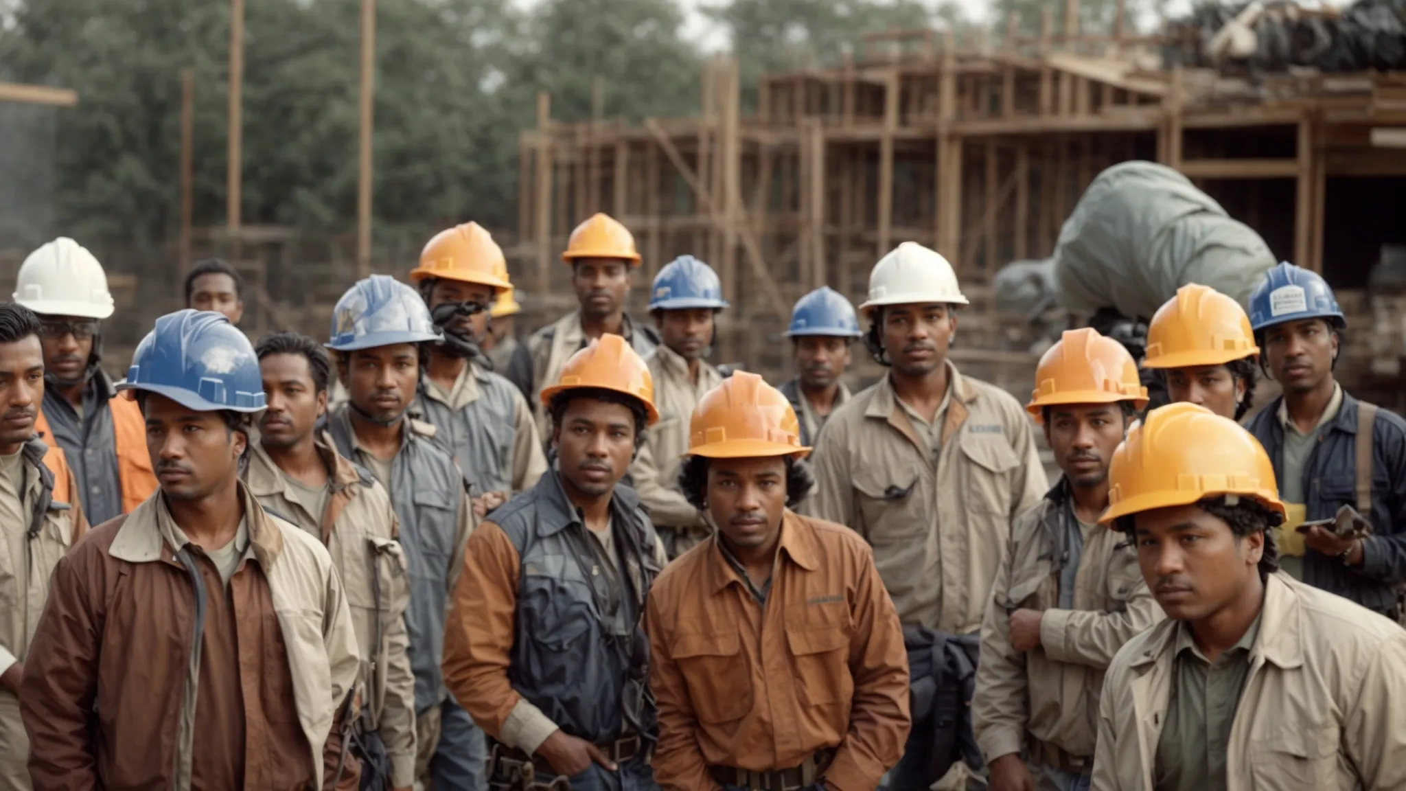 a group of construction workers in helmets participates in a team-building activity outdoors.