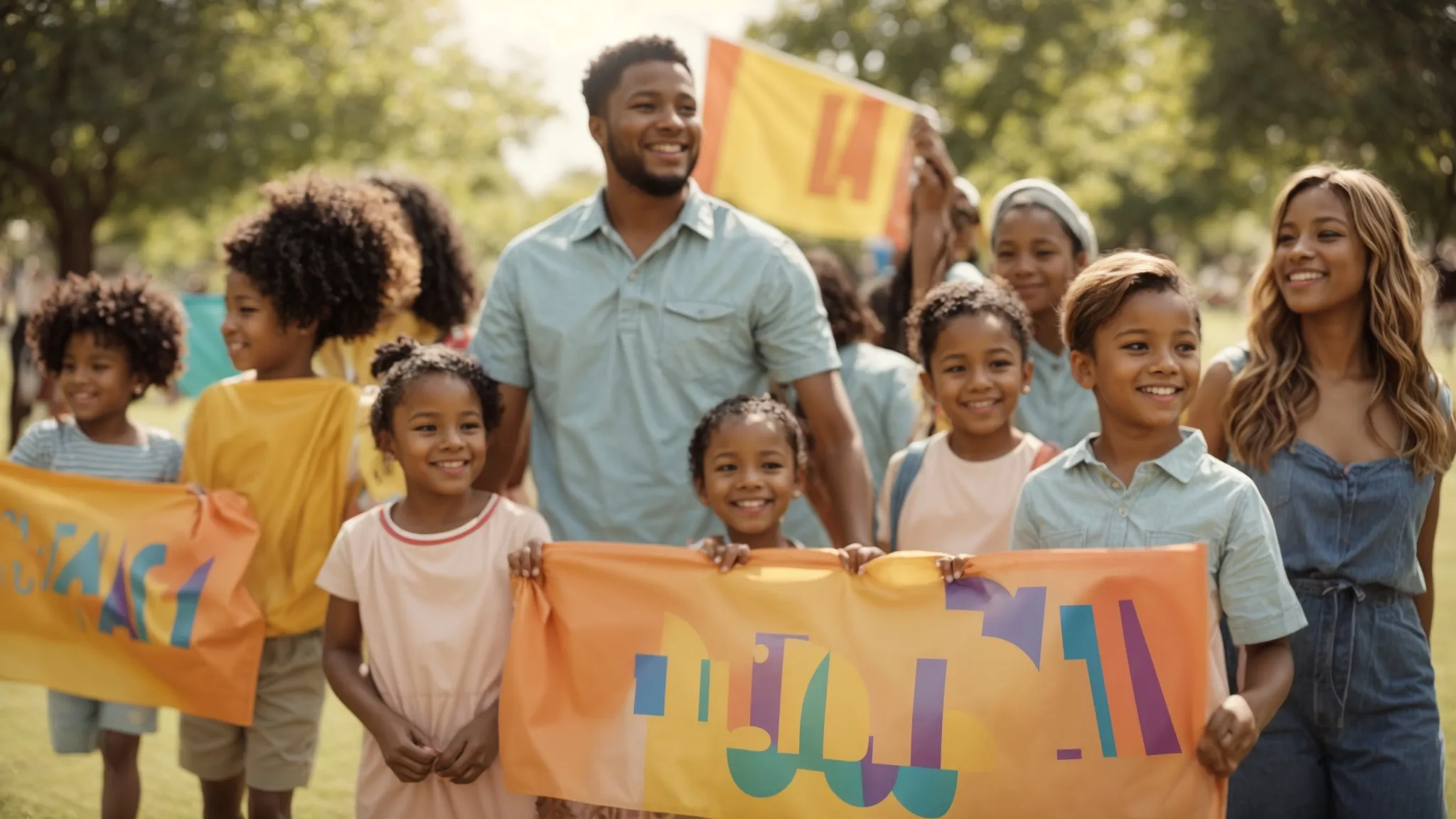 a diverse group of adults and children gather in a sunny park, holding colorful banners advocating for early childhood education.