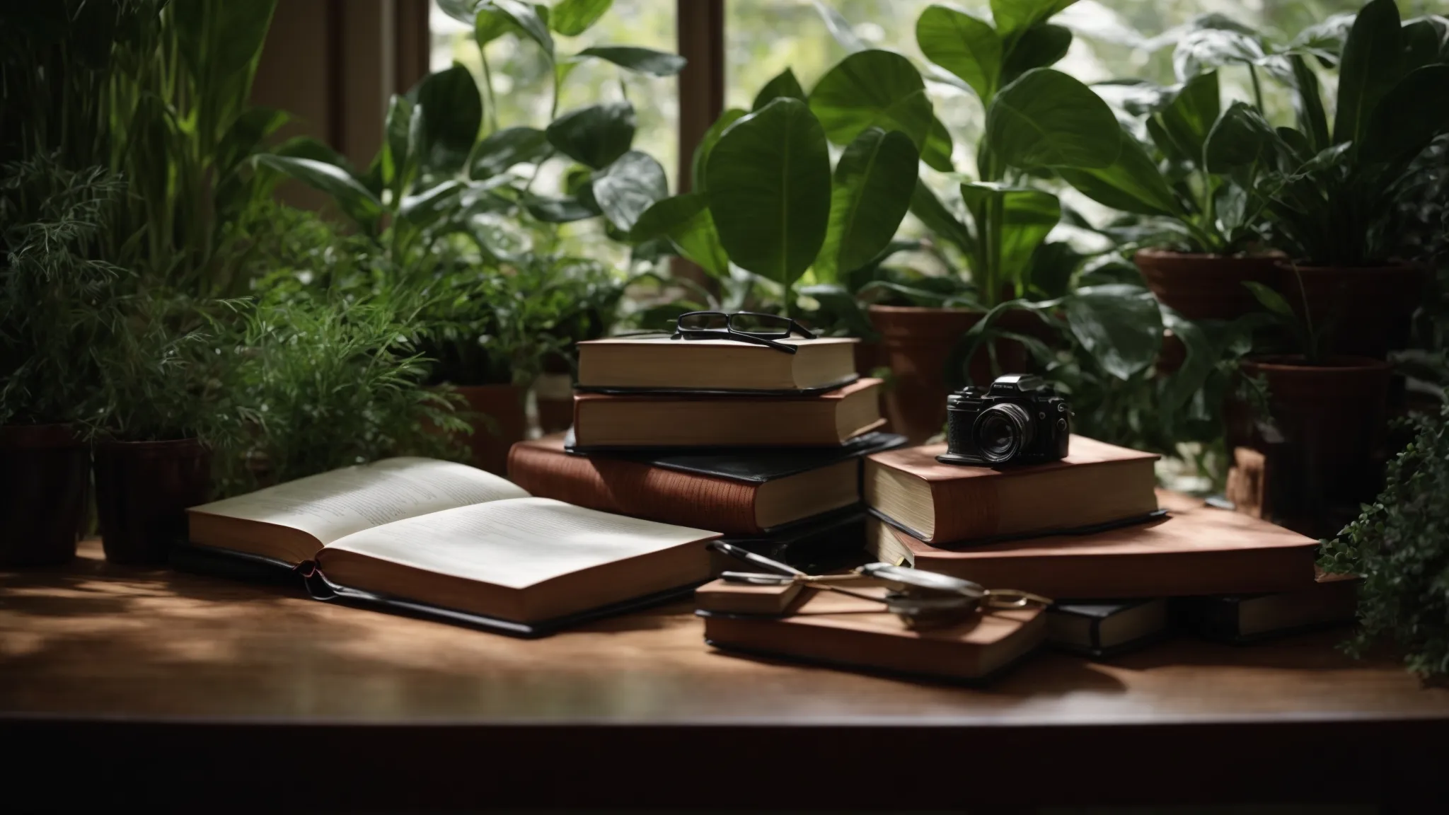 a book on a desk surrounded by plants, illustrating the serene process of crafting insightful content.
