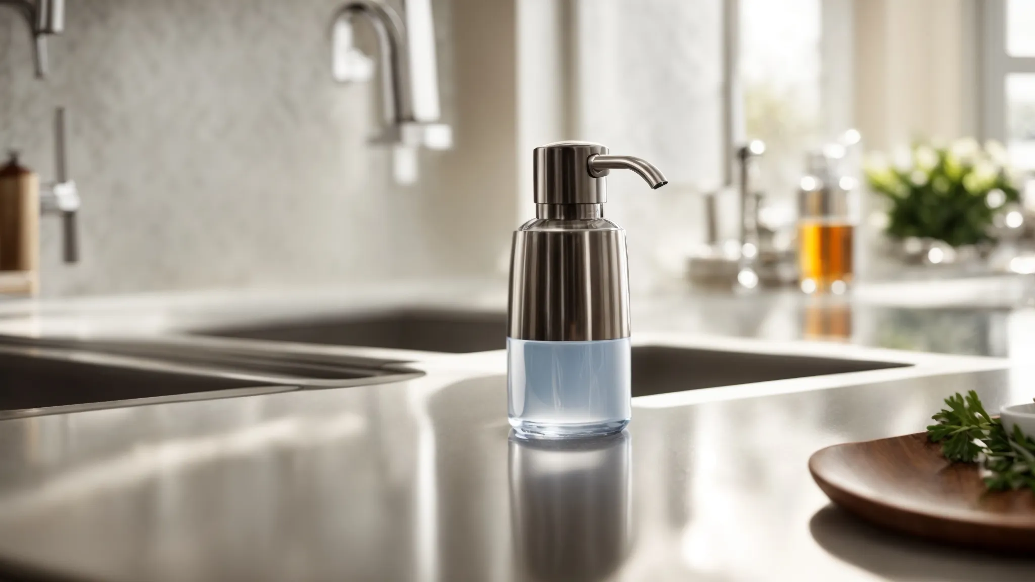 a sleek oxo soap dispenser sits by a gleaming kitchen sink, surrounded by spotless countertops and cooking utensils in a sunlit kitchen.