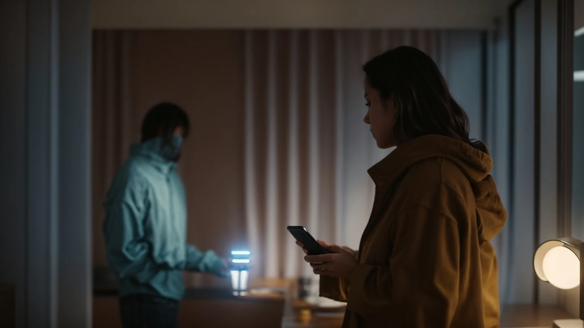 a person speaking into their smartphone while standing in a room illuminated by the soft glow of a digital assistant device on a nearby table.