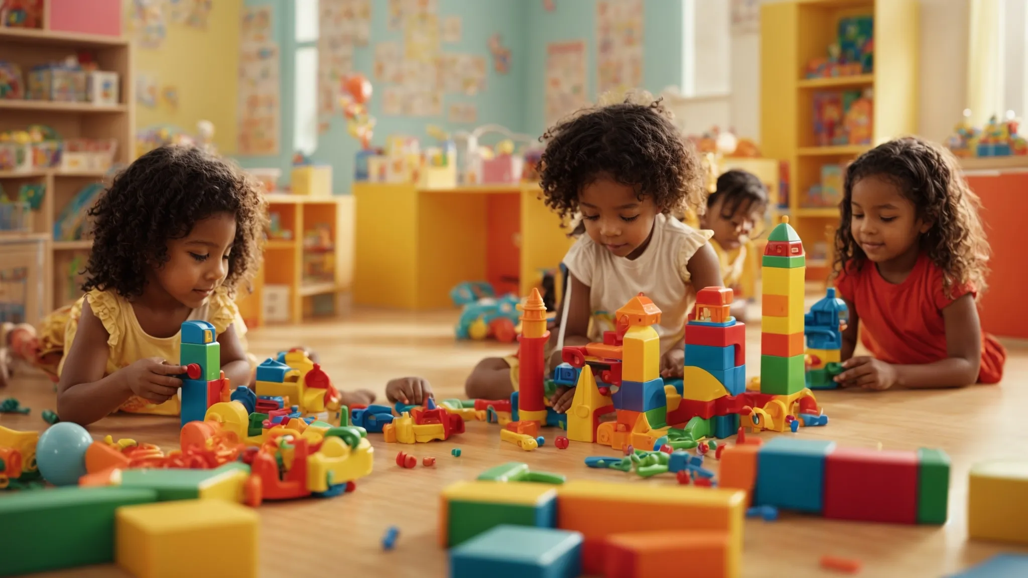 a diverse group of children play and learn together in a brightly colored classroom filled with educational toys.