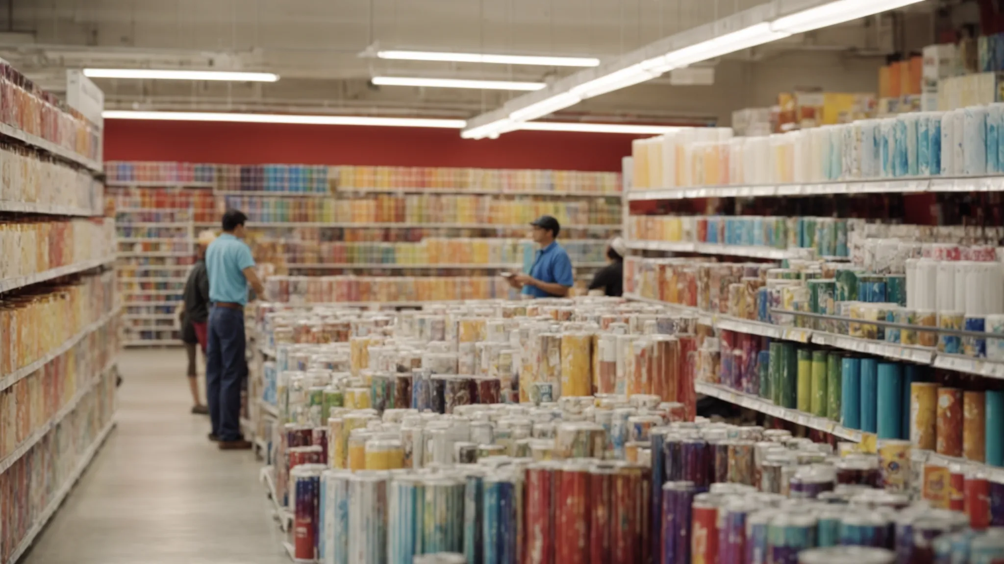 a bustling florida paint store, with vibrant color swatches decorating the walls and customers browsing shelves filled with paint cans.