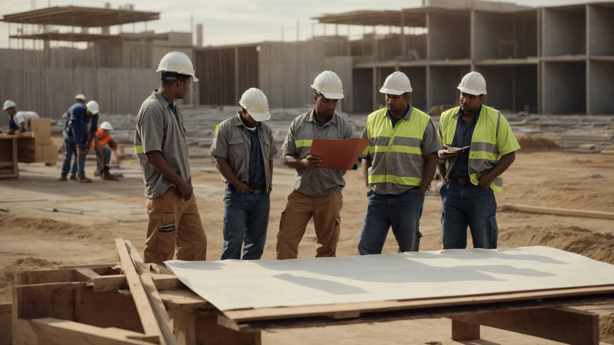 a group of construction workers gathers around a blueprint on a table at a construction site, discussing the plans.