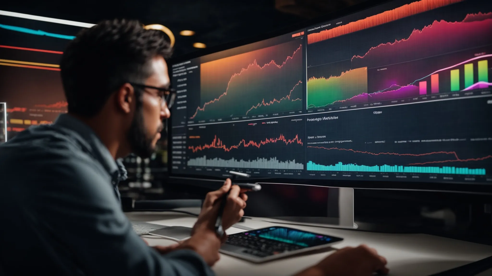 a digital marketer reviews analytics on a large screen displaying colorful graphs and charts indicating audience engagement trends.