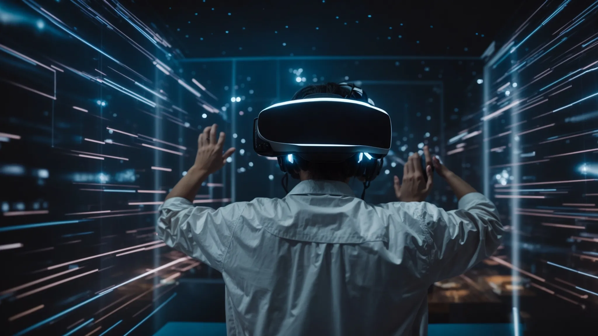 a person wearing virtual reality headsets, reaching out to touch digital elements floating in a room filled with interactive projections.