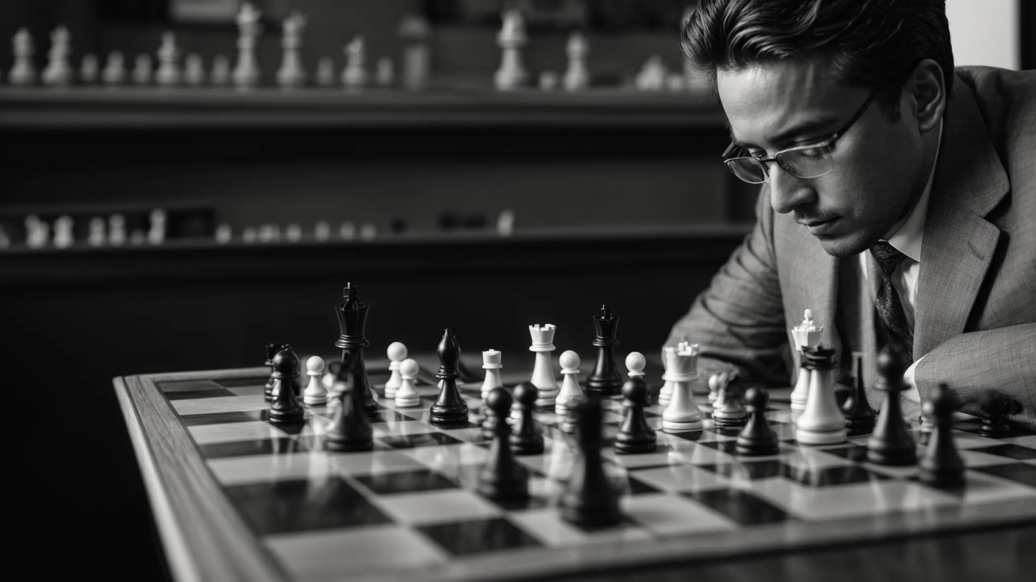 a chess master intently studies the board, planning the next strategic move.