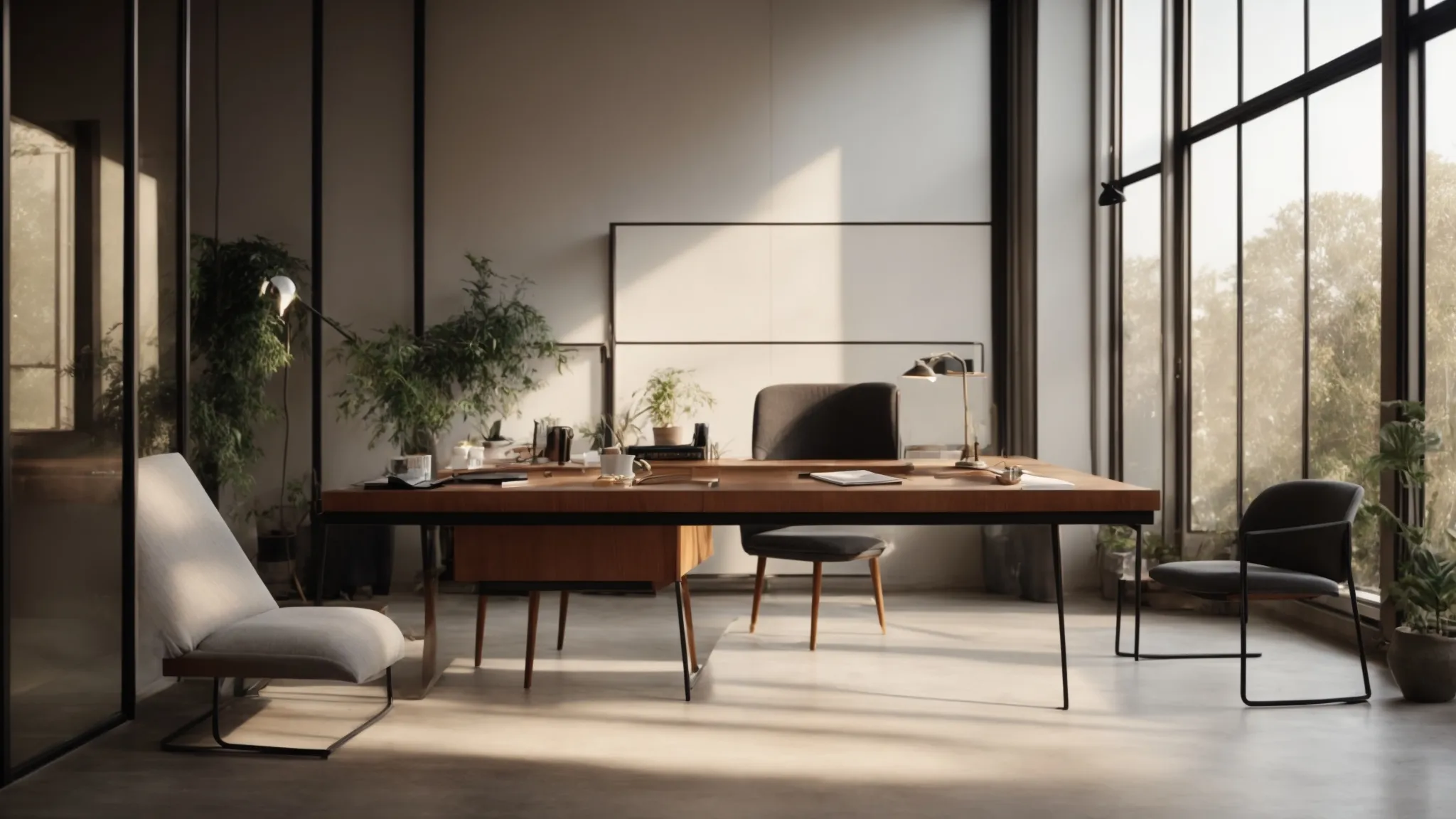 a spacious desk by a large window, with sunlight bathing the work area and a sleek lamp positioned for task lighting.
