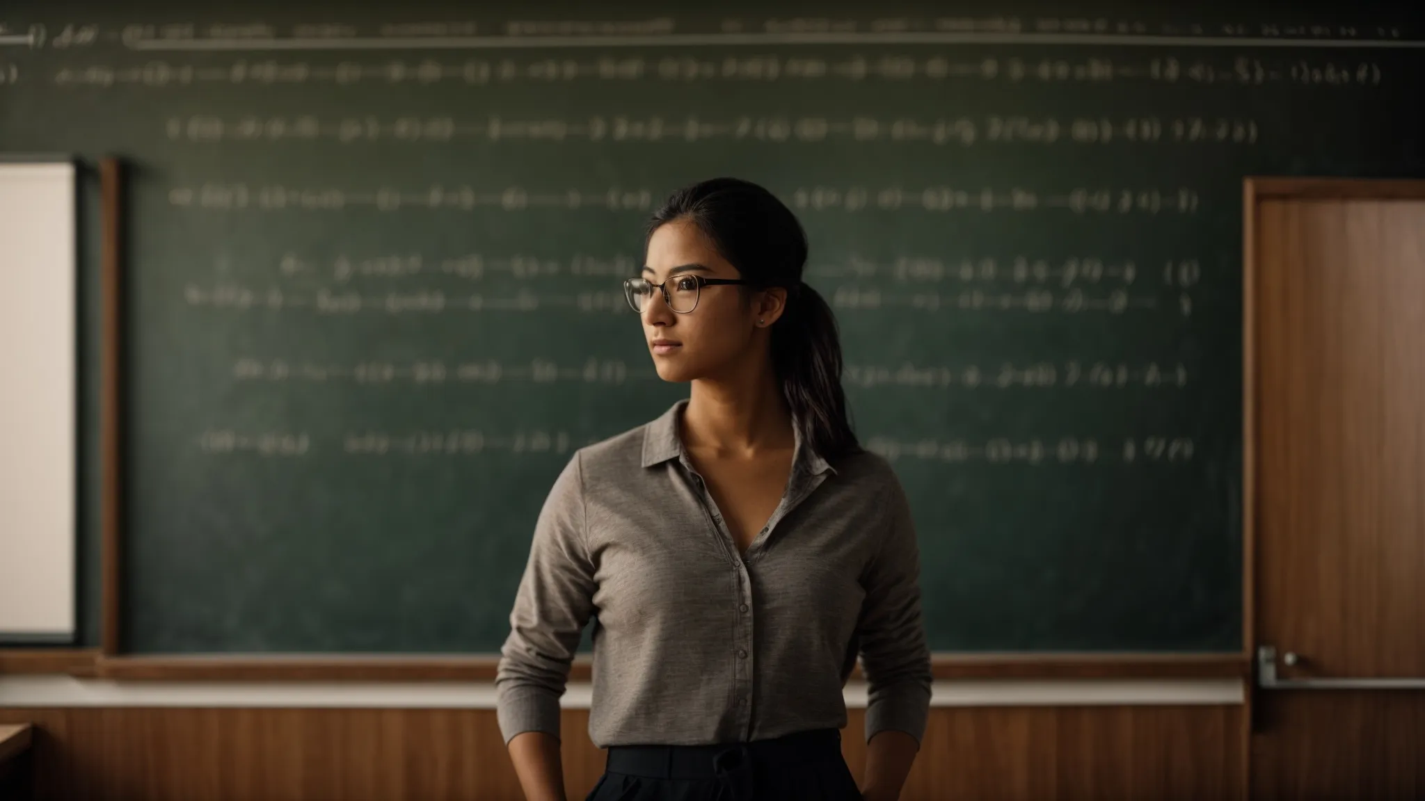 a teacher stands before a blackboard filled with various quadratic equations, illustrating different solving methods.