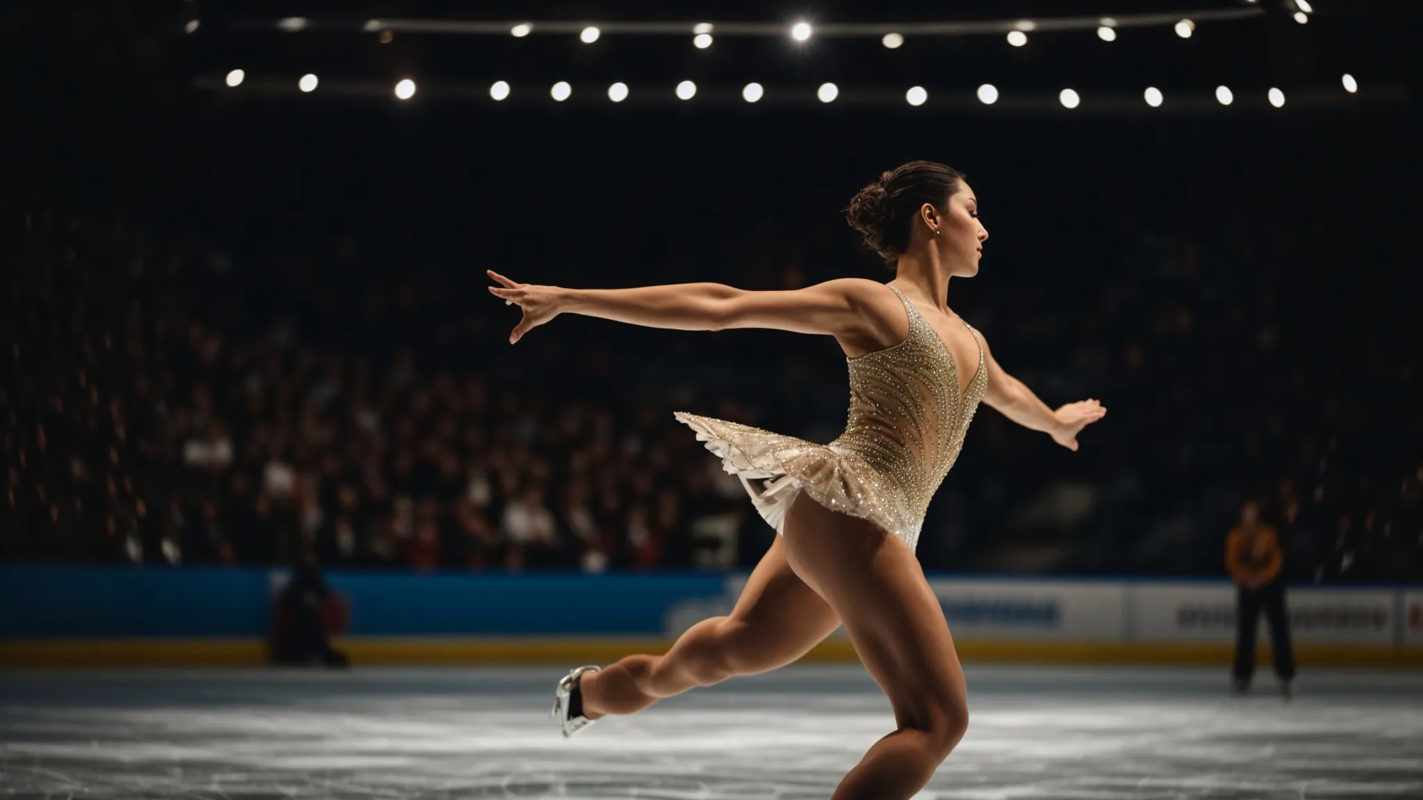 a figure skater gracefully performs on the ice under the spotlight, capturing the audience's attention.