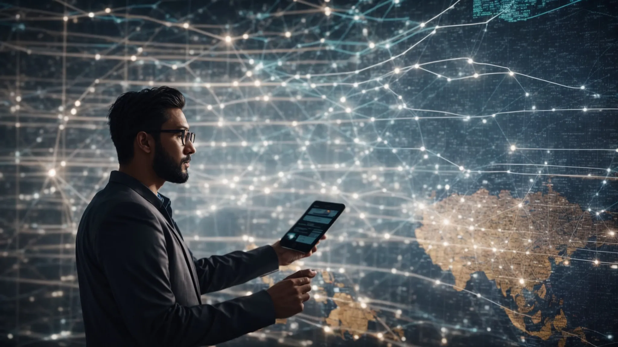 a digital marketer analyzing a comprehensive network of website links displayed on a large screen, mapping out connections and strategies.