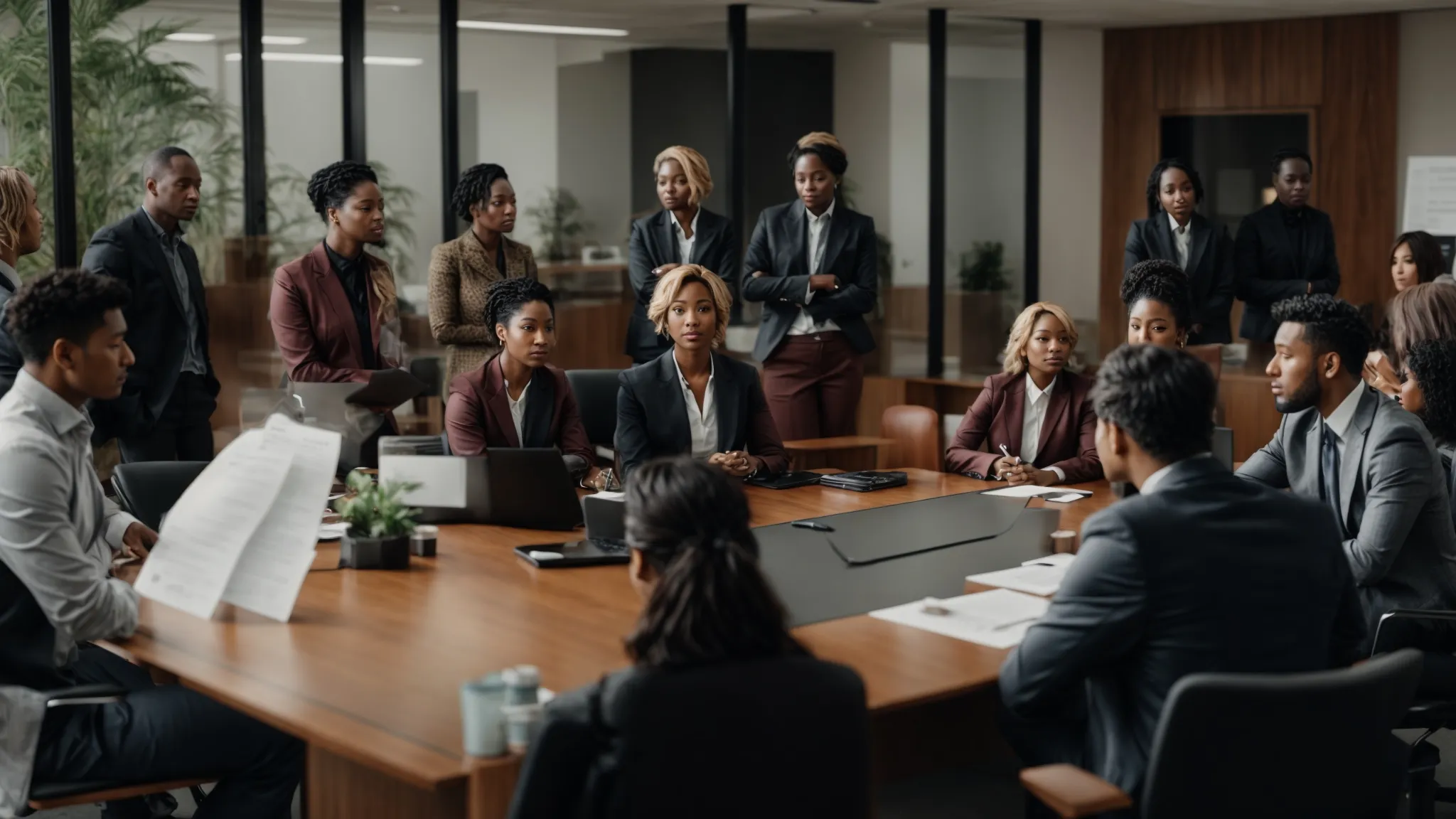 a group of diverse professionals gathers around a conference table, engaged in a constructive discussion.