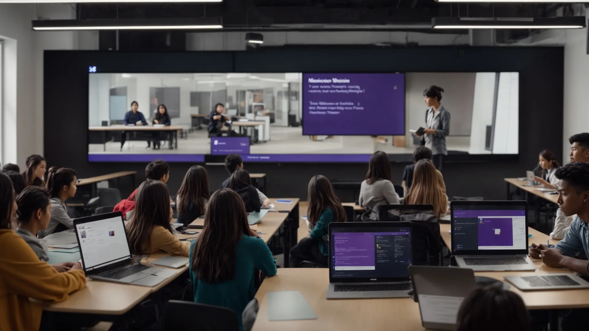 a classroom with a large digital screen displaying the microsoft teams interface, surrounded by students using laptops.