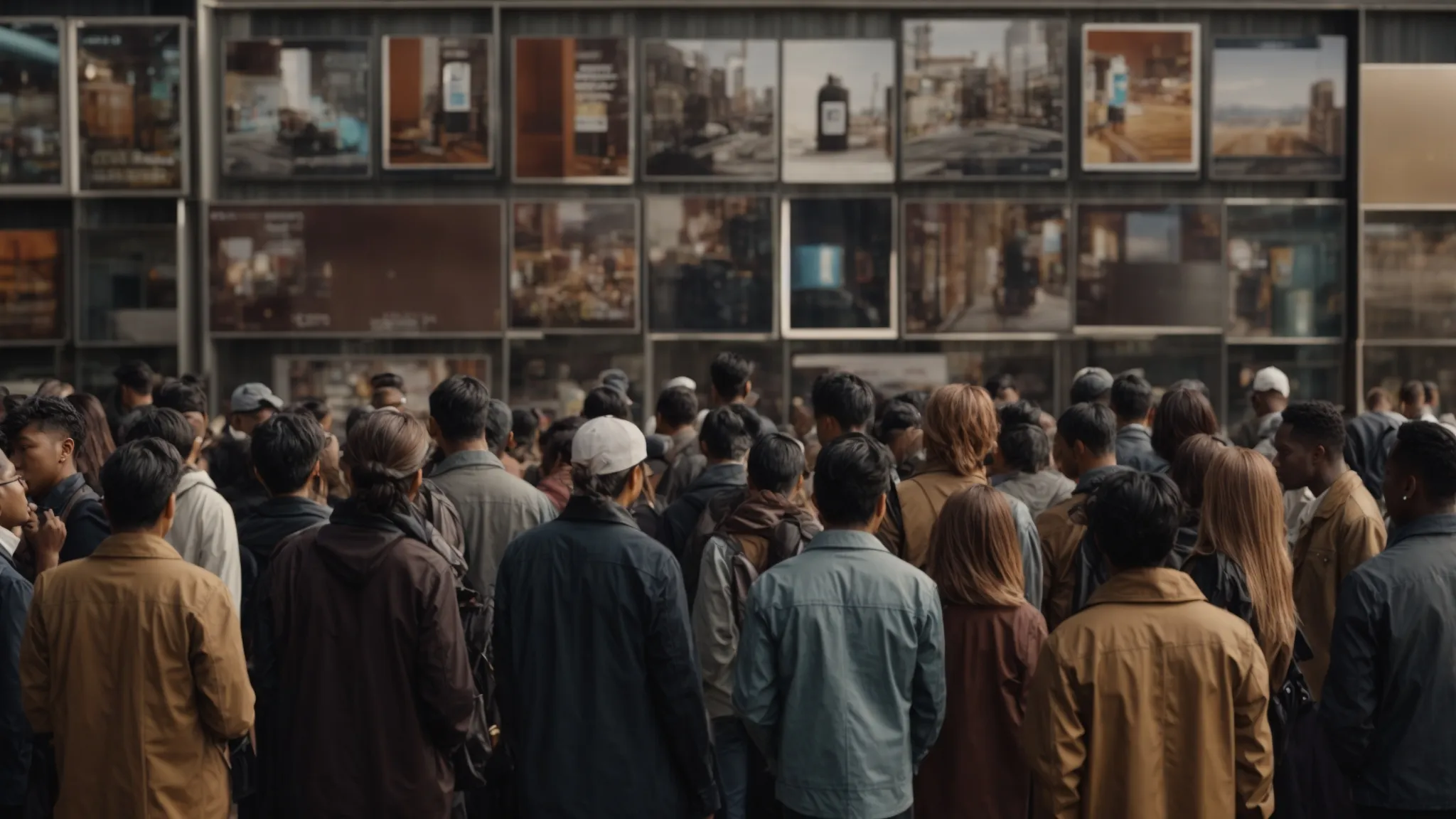 a diverse group of people from various backgrounds gathered around a digital advertisement board displaying an array of products.