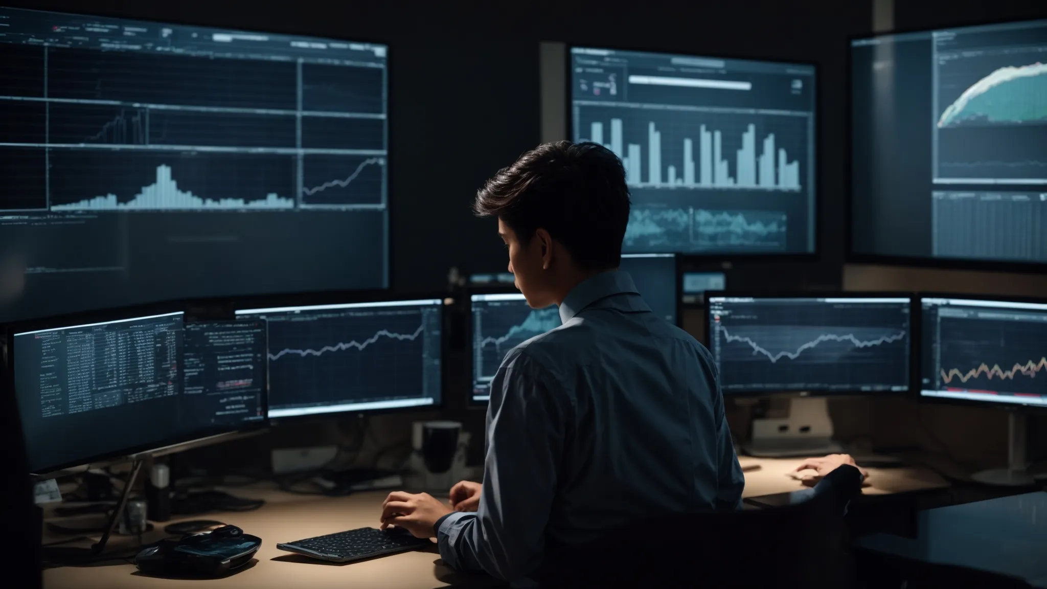 a person sits in a well-lit, modern office, intensely studying multiple screens displaying graphs and analytics.