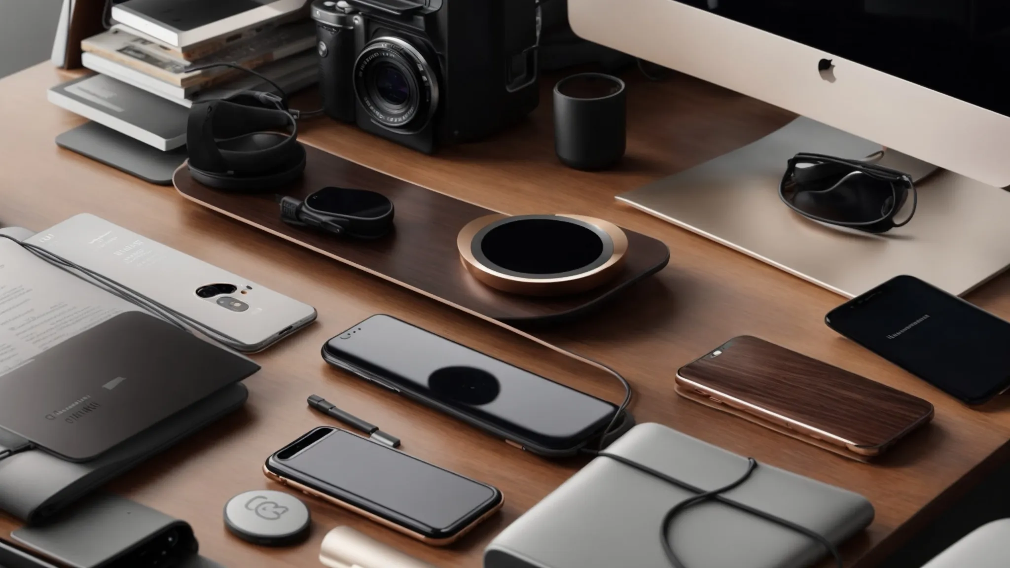 a modern, clutter-free desk with a wireless charging pad, integrated in-desk outlets, and a cable management box tucked neatly underneath.