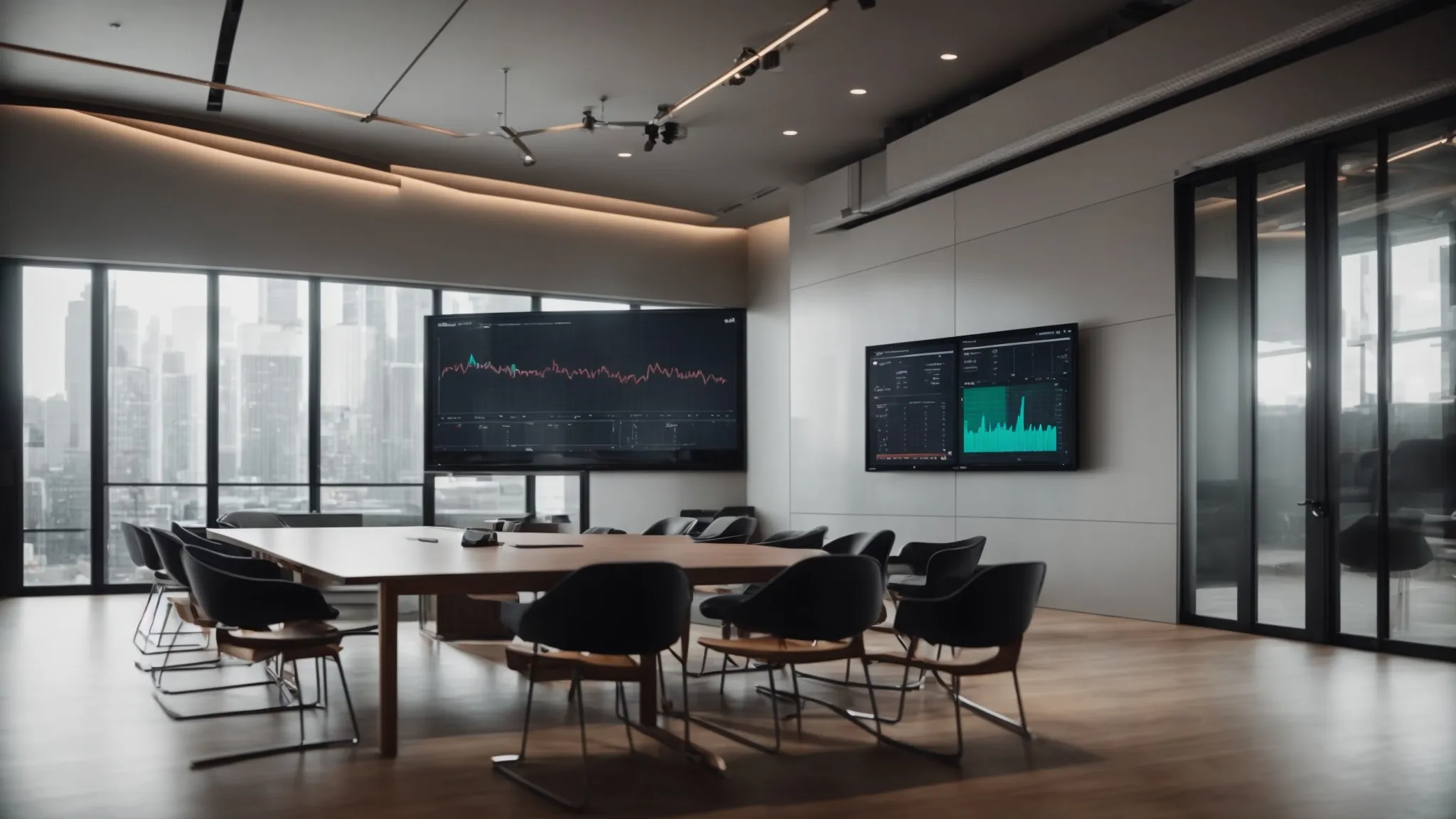 a business meeting room with a digital screen displaying a web analytics dashboard.