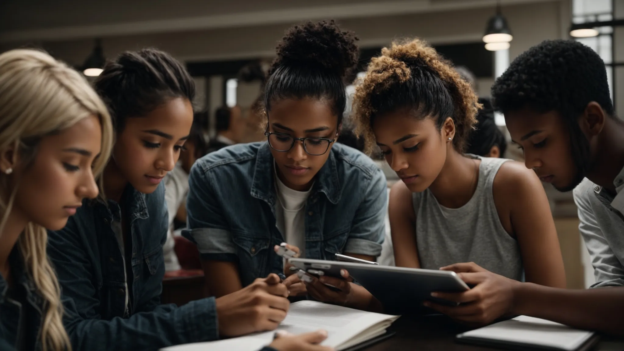 a group of students gathered around a digital tablet, reviewing notes together on the screen.