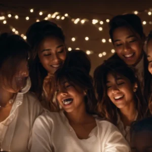 a group of people excitedly looks at a glowing smartphone screen together.