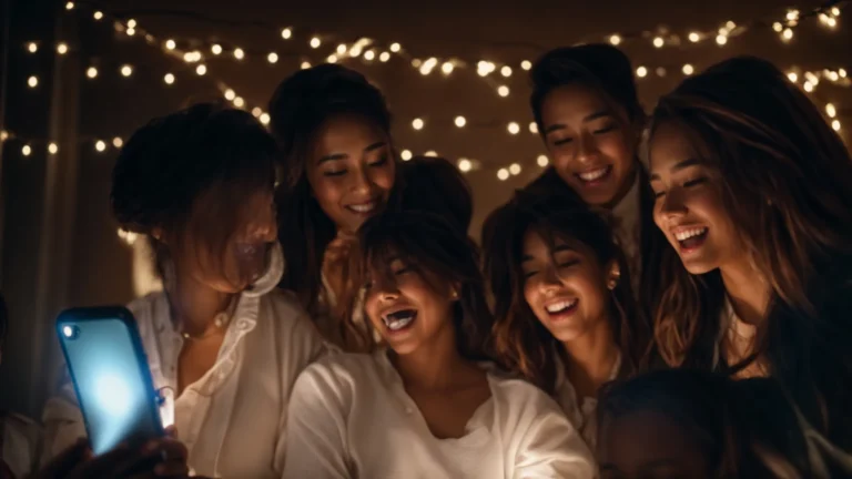a group of people excitedly looks at a glowing smartphone screen together.