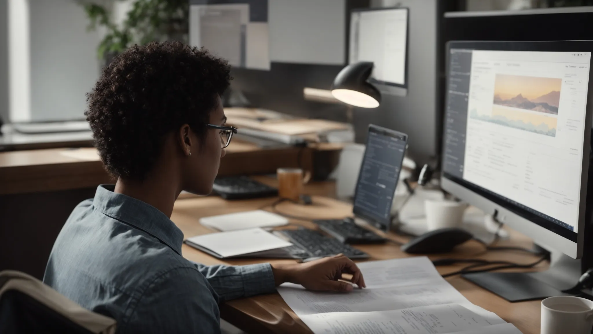 a person sitting at a desk with a computer, visibly comparing documents and charts illustrating the costs of online and on-campus master's programs.