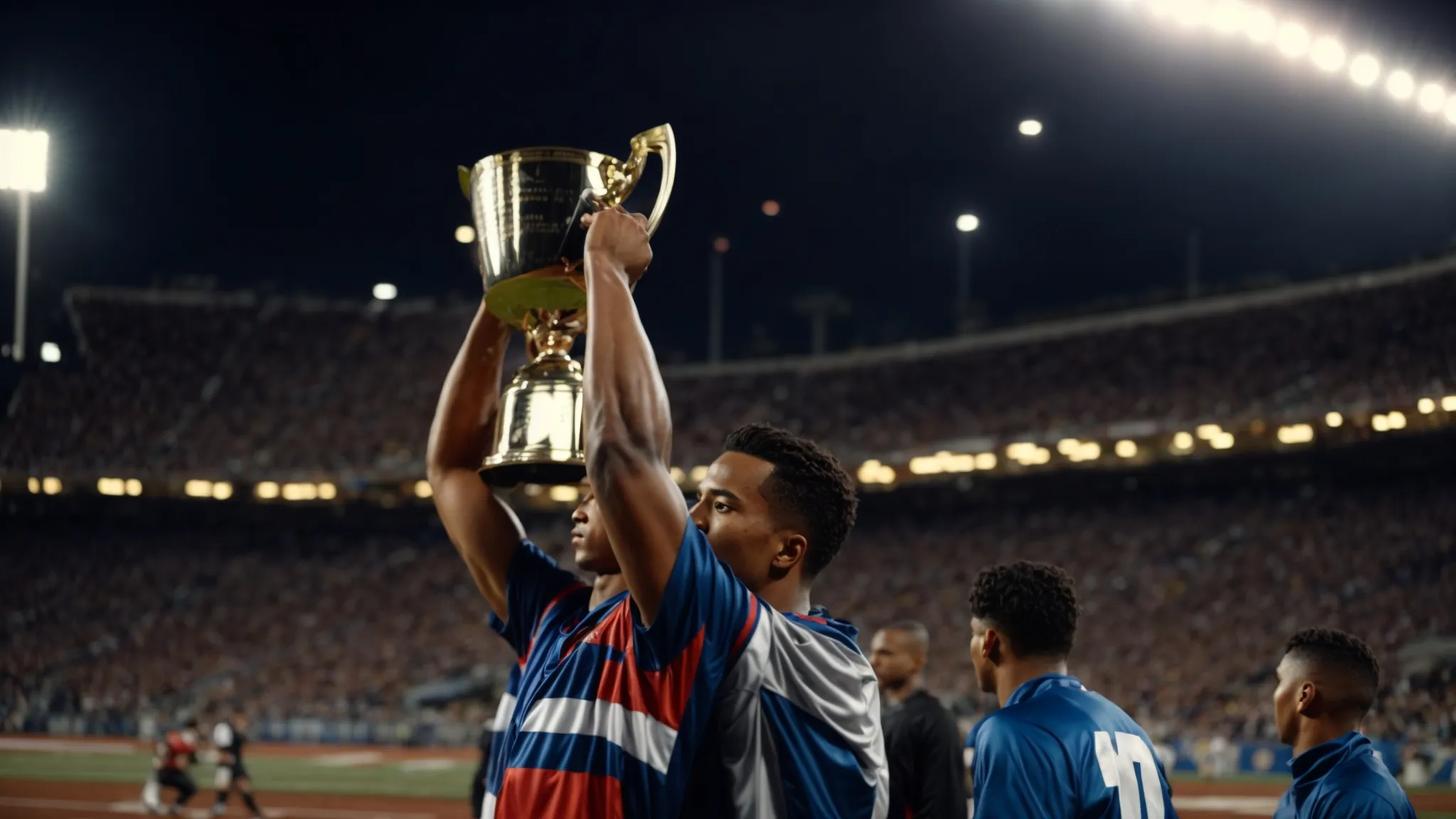 a triumphant athlete raising a trophy above their head on a podium, basked in the glow of stadium lights.