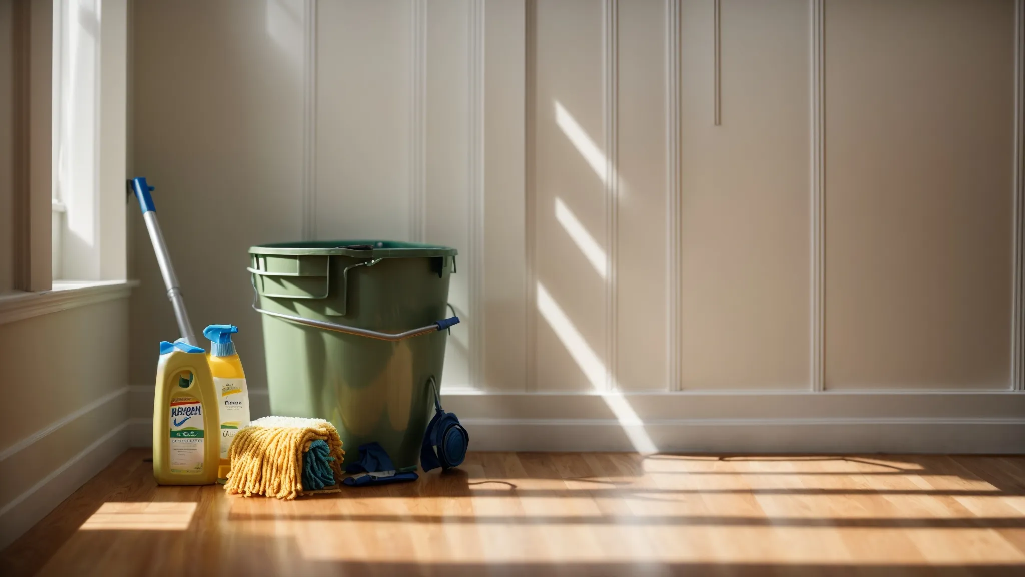 a mop bucket and eco-friendly cleaning products rest on a gleaming hardwood floor, illuminated by natural sunlight streaming in through a window.