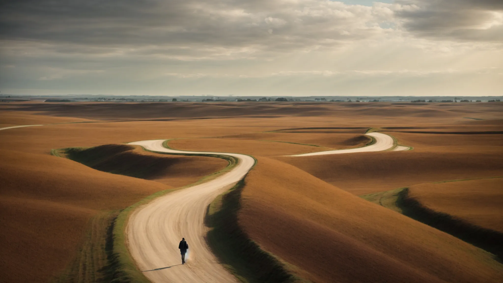 a person stands at a fork in a winding path that stretches into a horizon under a vast, open sky, symbolizing choices and directions in endless learning and adaptability.