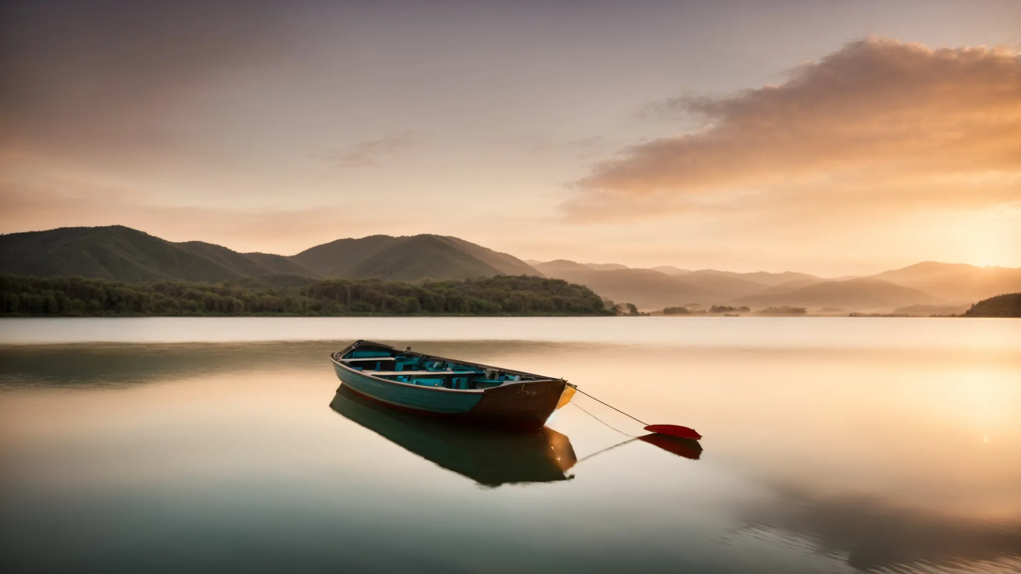 a serene lake cradled by lush hills under a soft sunset, with a solitary boat gliding through the water.