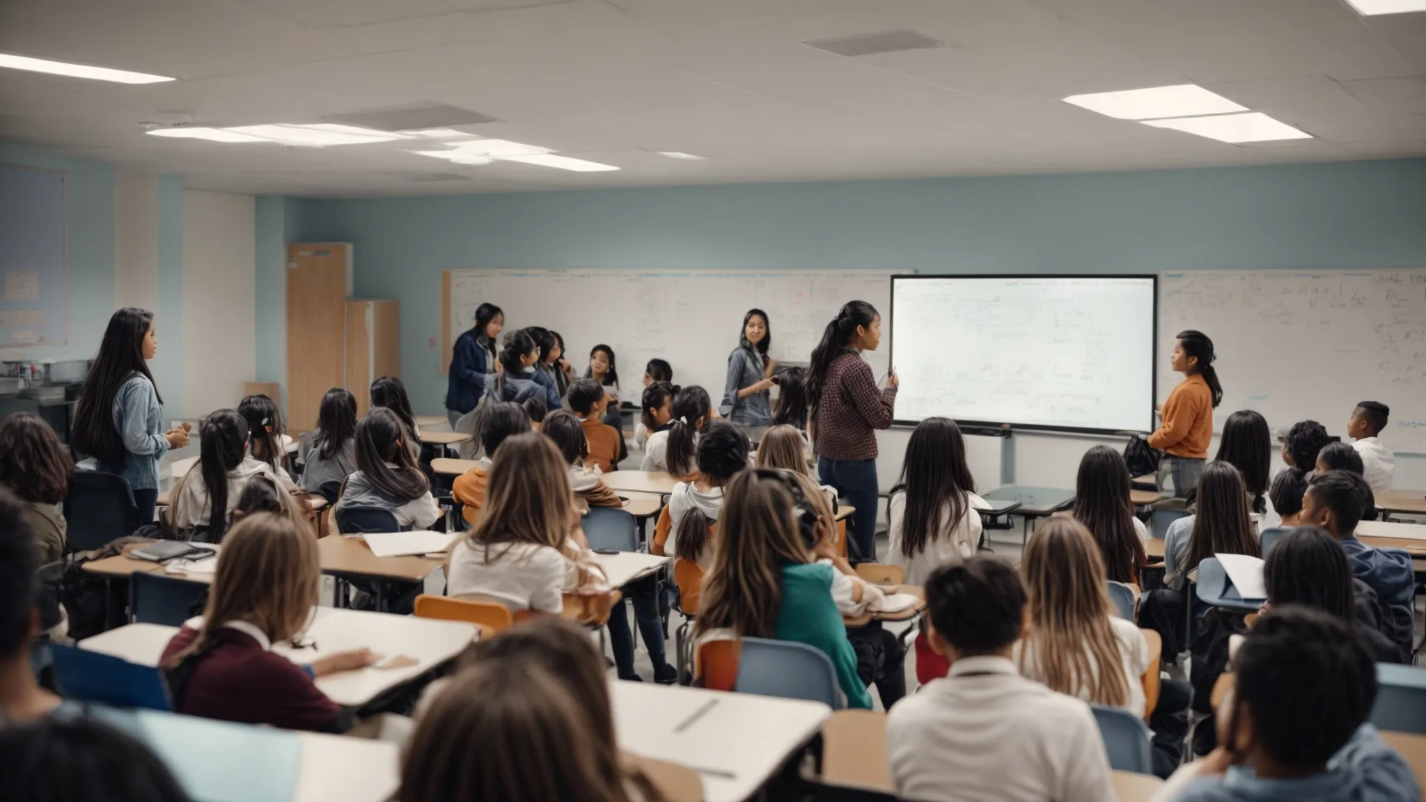 a classroom filled with diverse students engaging with a large interactive digital whiteboard, guided by a teacher.