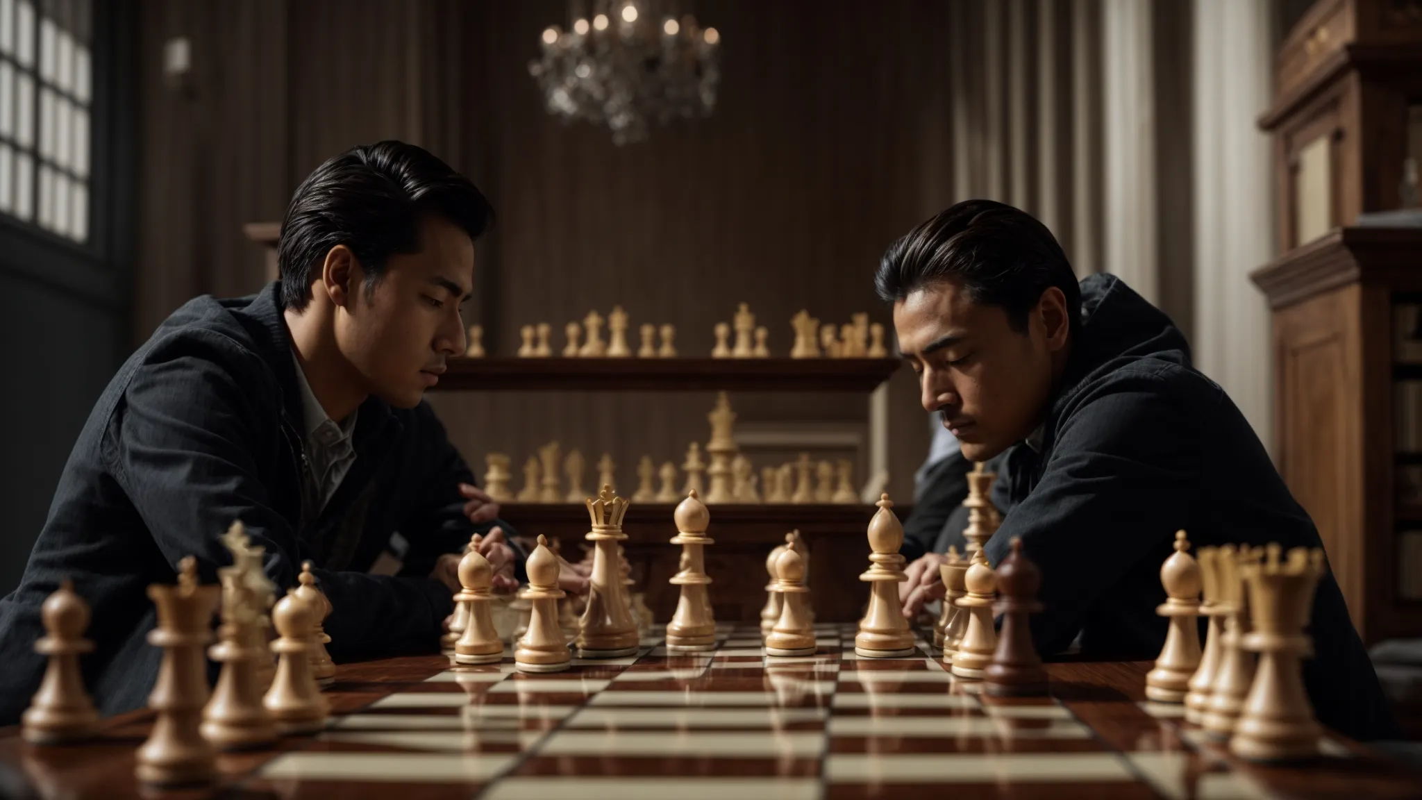 two players are intently focused on a chessboard, with the white pieces poised for the king's pawn opening.
