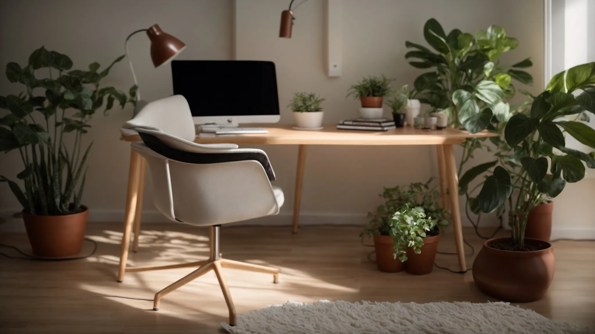 a spacious desk with an adjustable chair, a footrest underneath, a desk lamp casting a soft glow, and a few potted plants scattered around for a touch of tranquility.