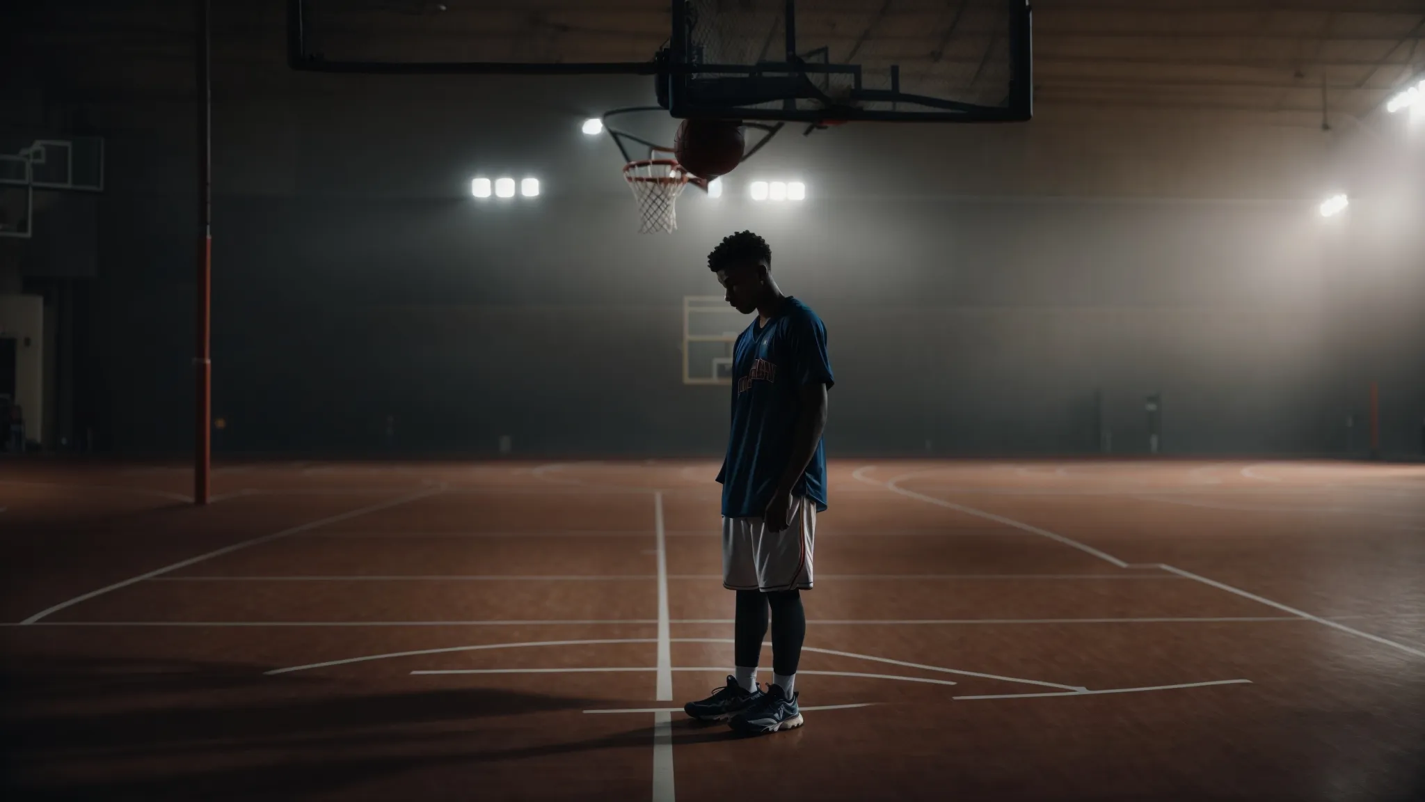 a young athlete practices alone on a dimly lit, rundown basketball court, dreaming of future greatness.