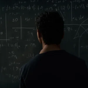 a student stands in front of a chalkboard filled with mathematical formulas, holding a piece of chalk mid-thought.