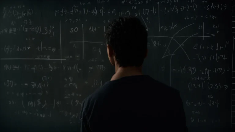 a student stands in front of a chalkboard filled with mathematical formulas, holding a piece of chalk mid-thought.