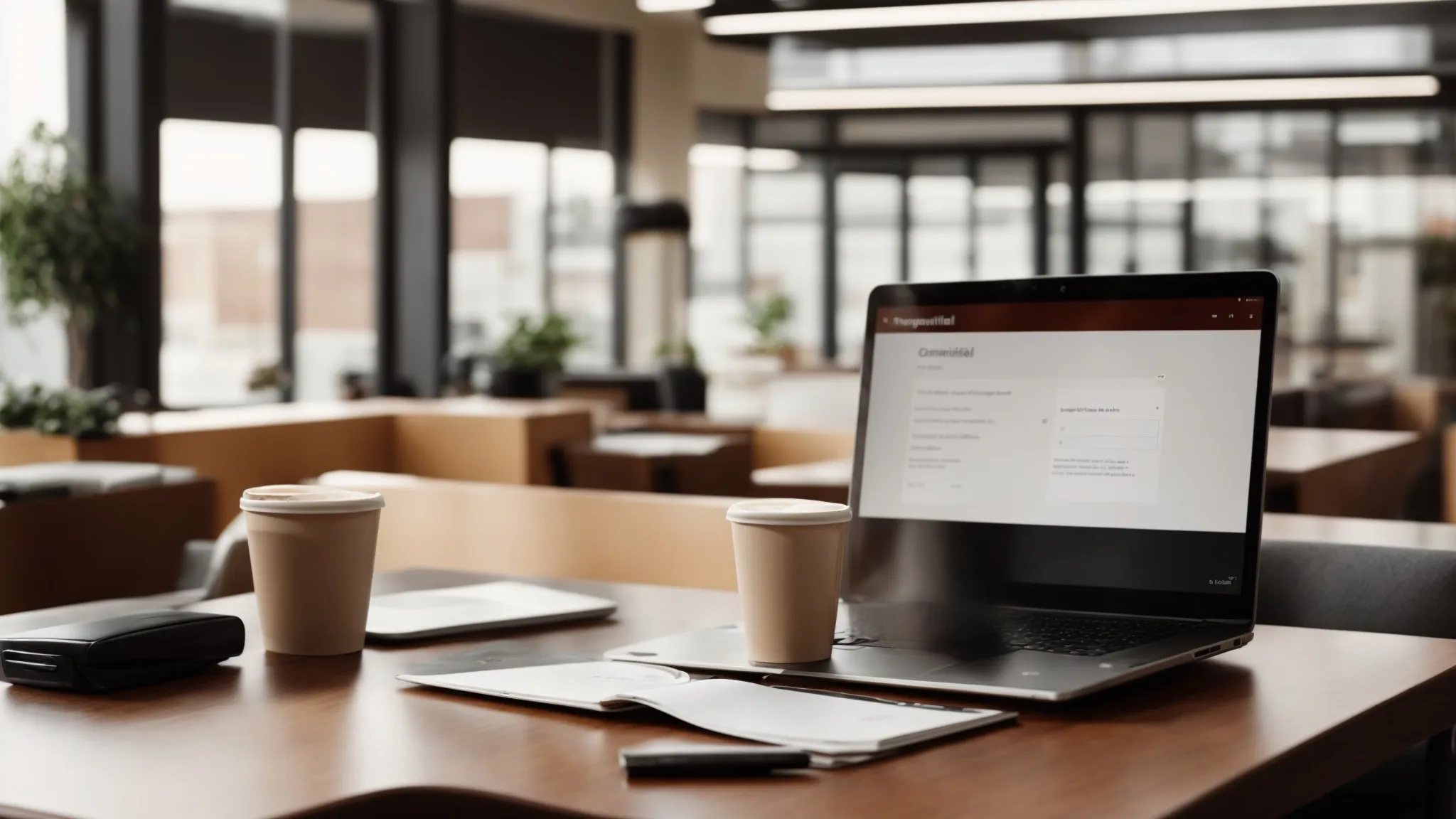 a welcoming office space with an open laptop displaying a contact form on the screen and a warm, inviting cup of coffee next to it.
