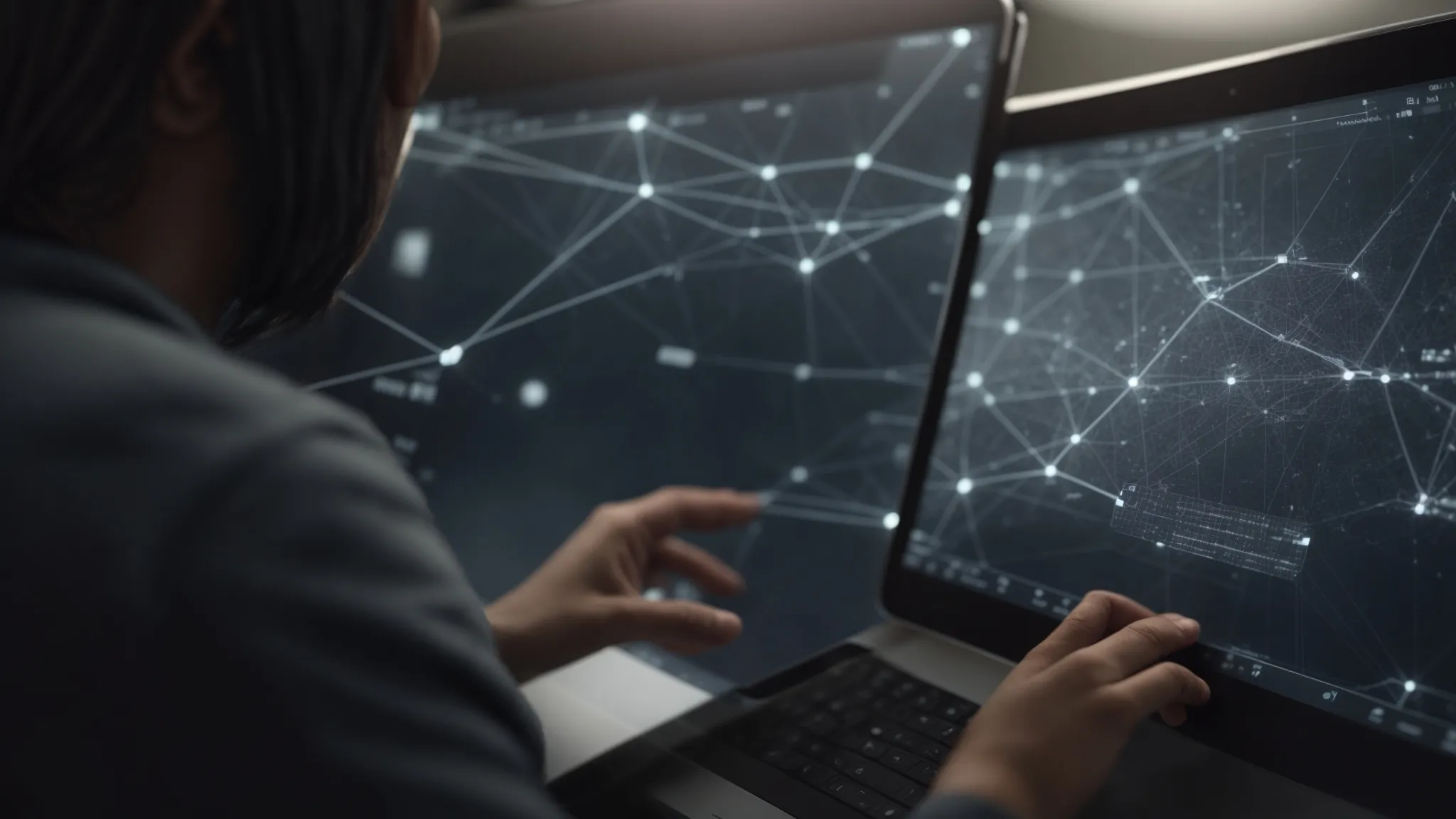 a person intently studies a large network diagram on a digital tablet, highlighting connections.