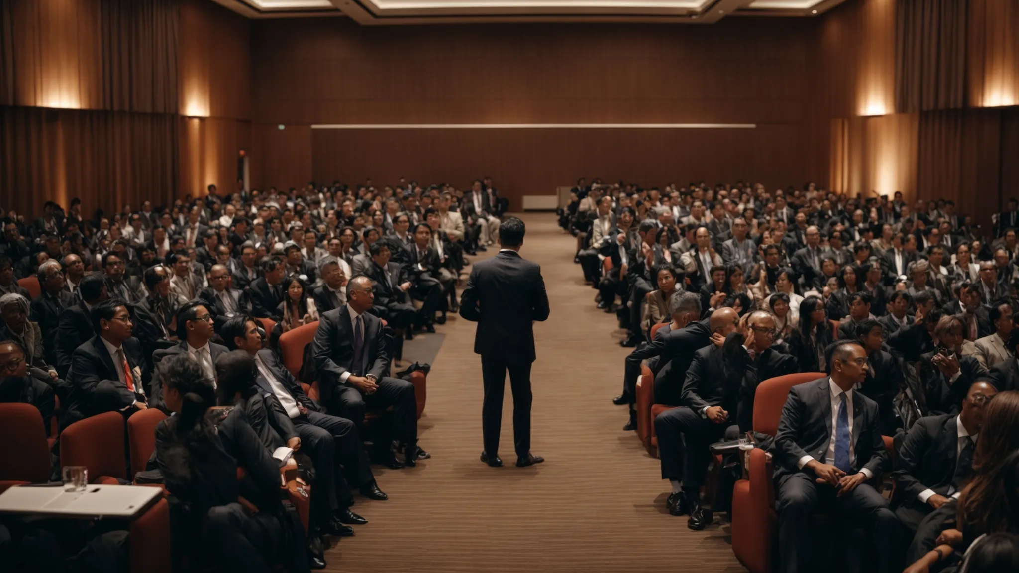 a speaker addresses a captivated audience at a conference, embodying leadership and confidence.