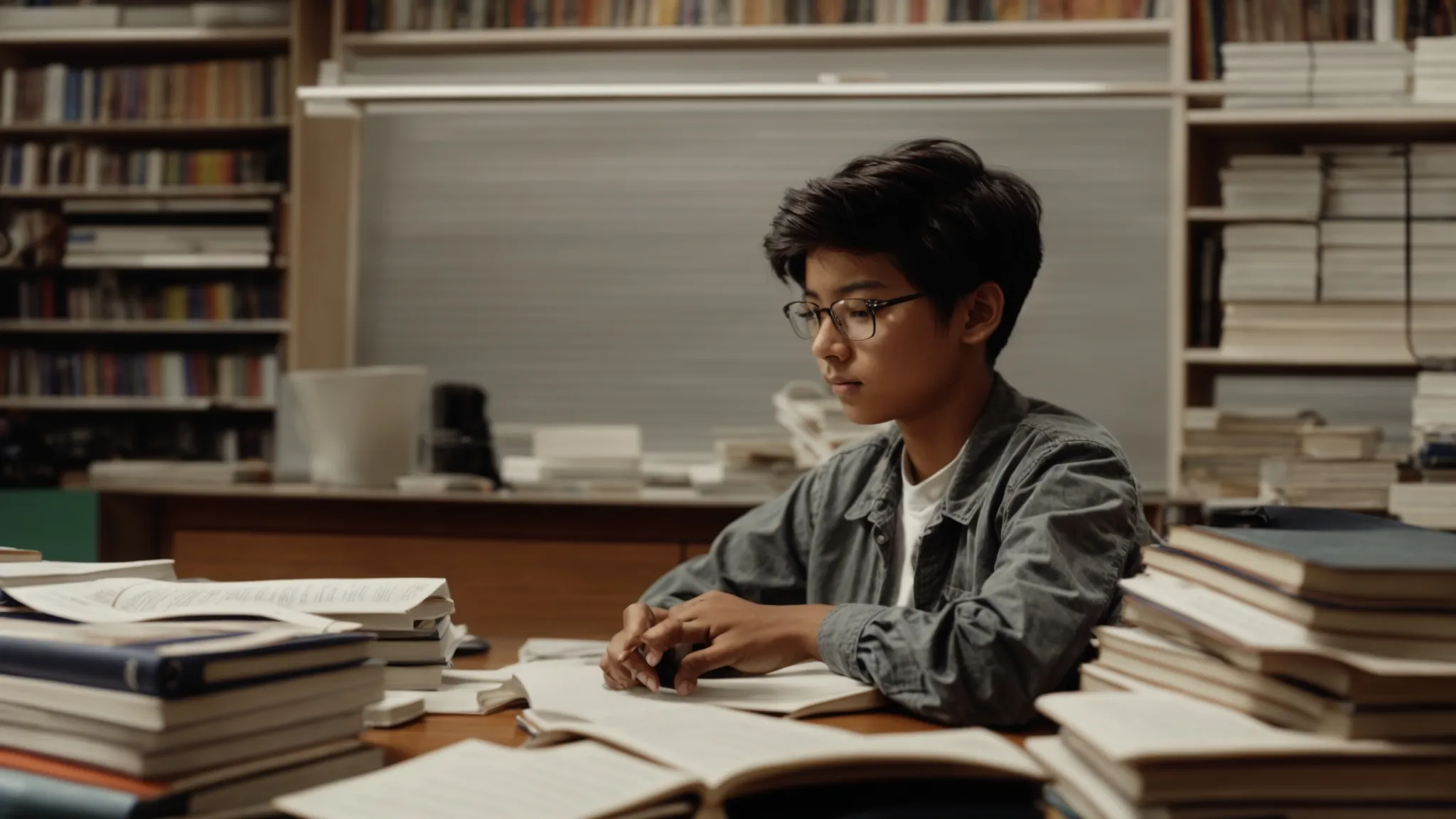 a student sits at a desk, surrounded by books and a computer, intently working through math problems.